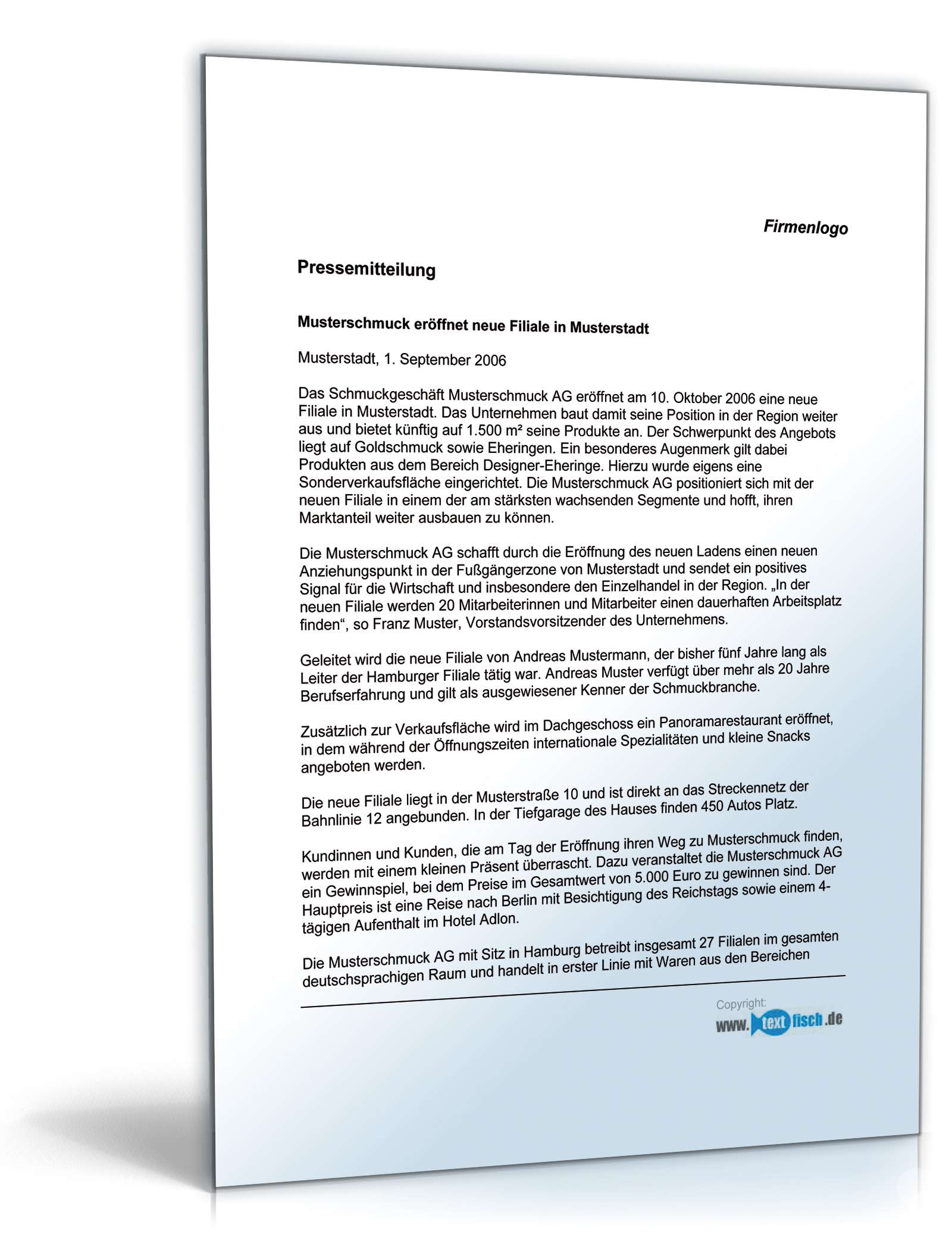 Pressemitteilung über die Eröffnung einer Schmuckgeschäft-Filiale