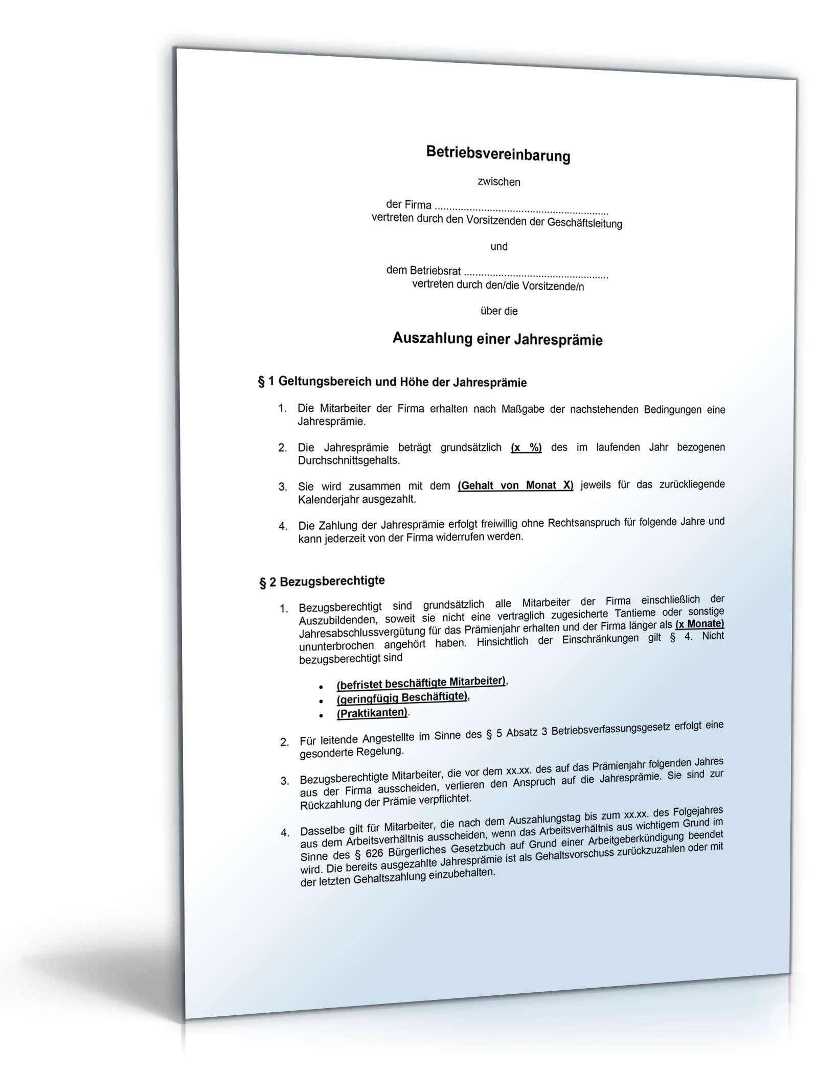 Betriebsvereinbarung Jahresprämie PDF