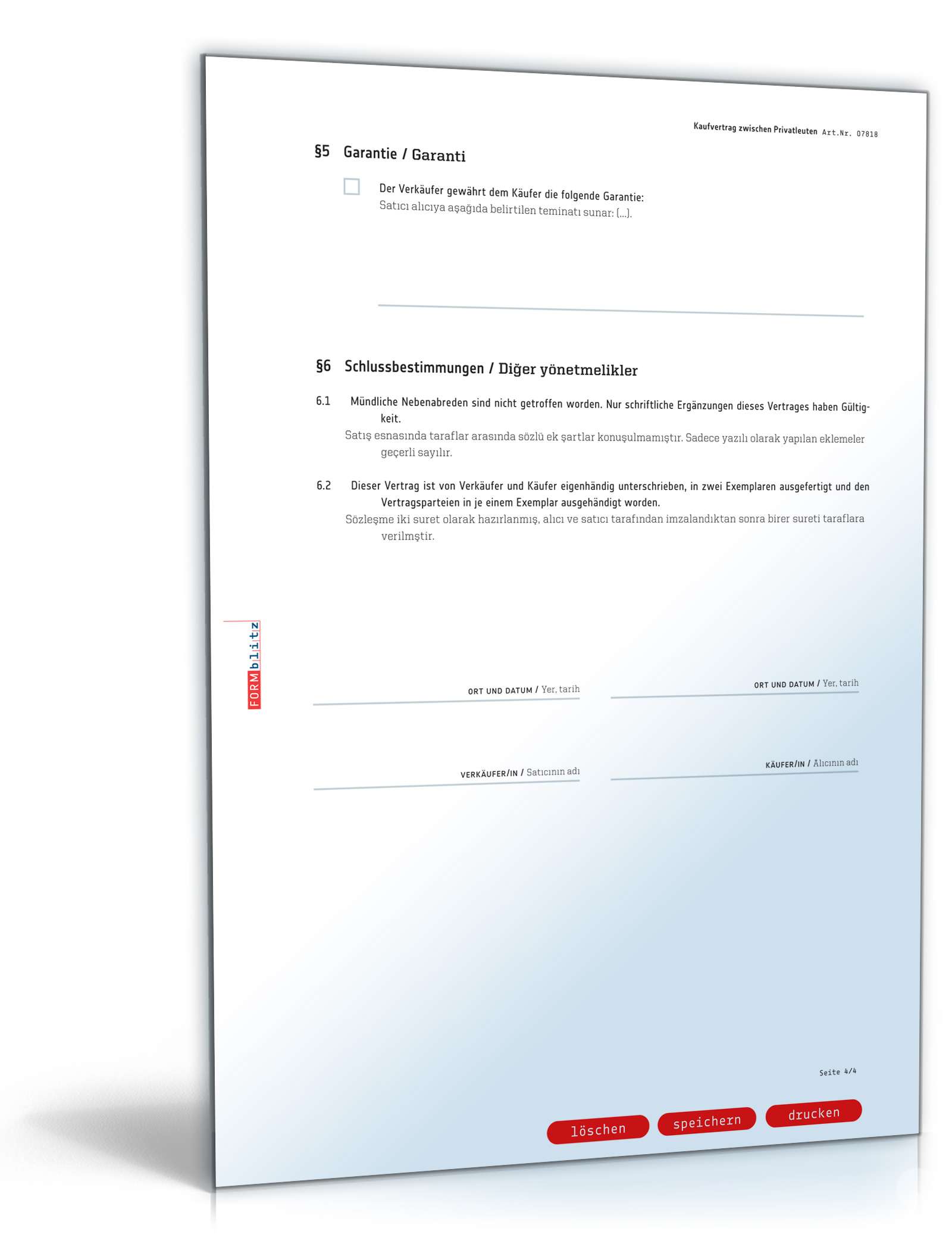 Privater Kaufvertrag (Türkisch/Deutsch) PDF. Seite: 4