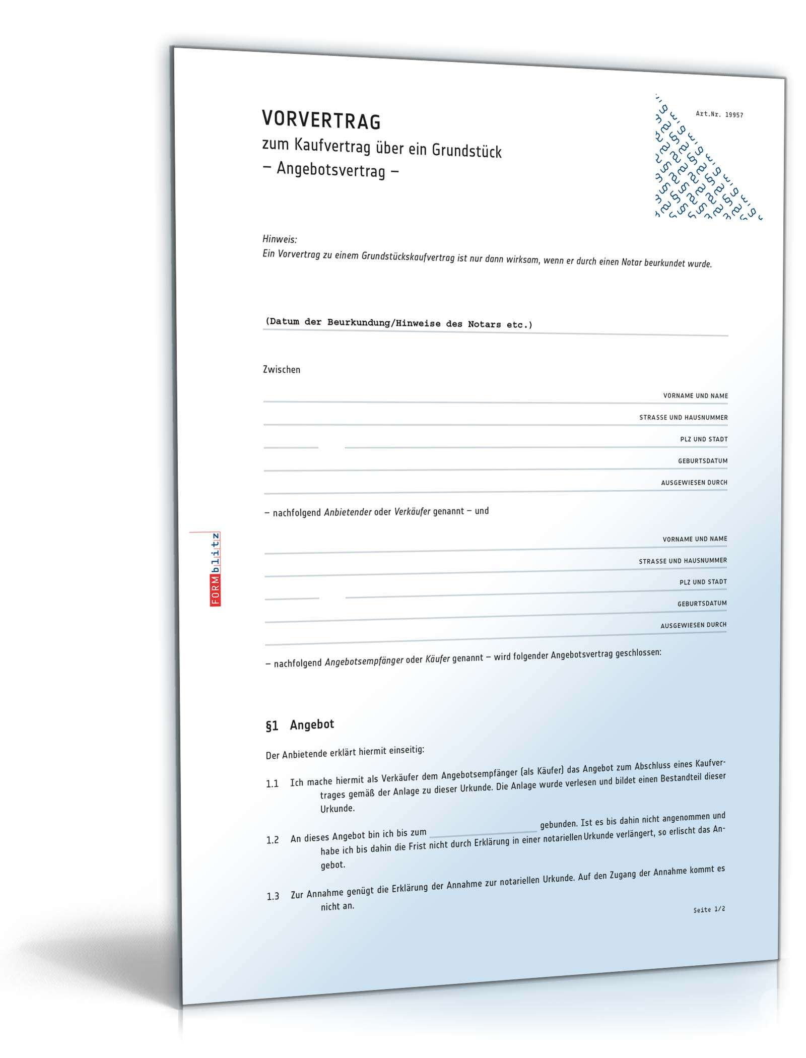 Vorvertrag Grundstückskaufvertrag PDF