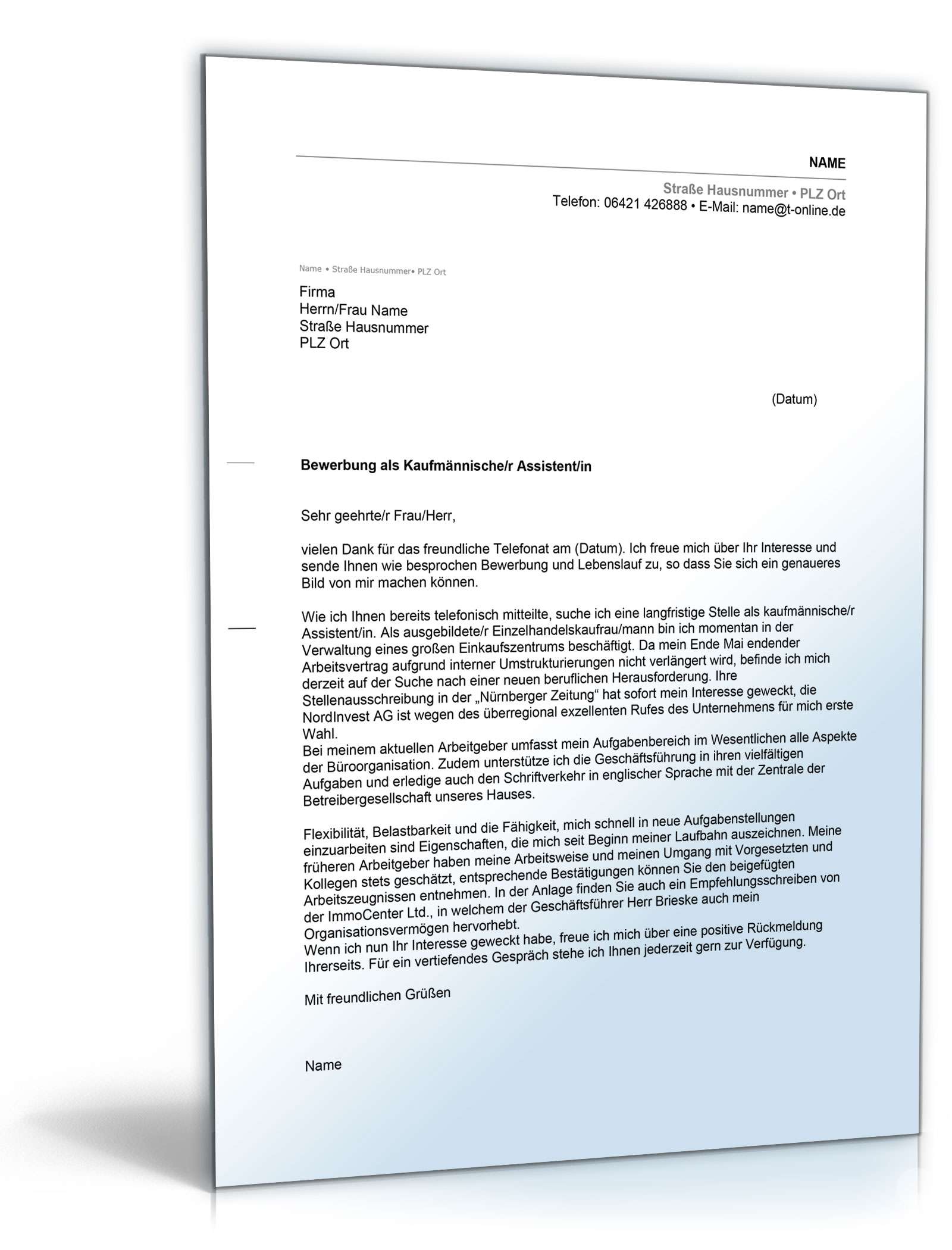 Anschreiben Bewerbung Kaufmännischer Assistent Excel