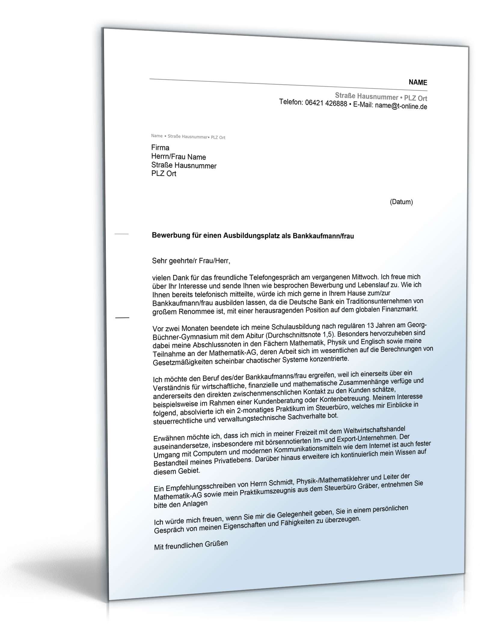 Anschreiben Bewerbung eines Abiturienten um Ausbildungsplatz Excel