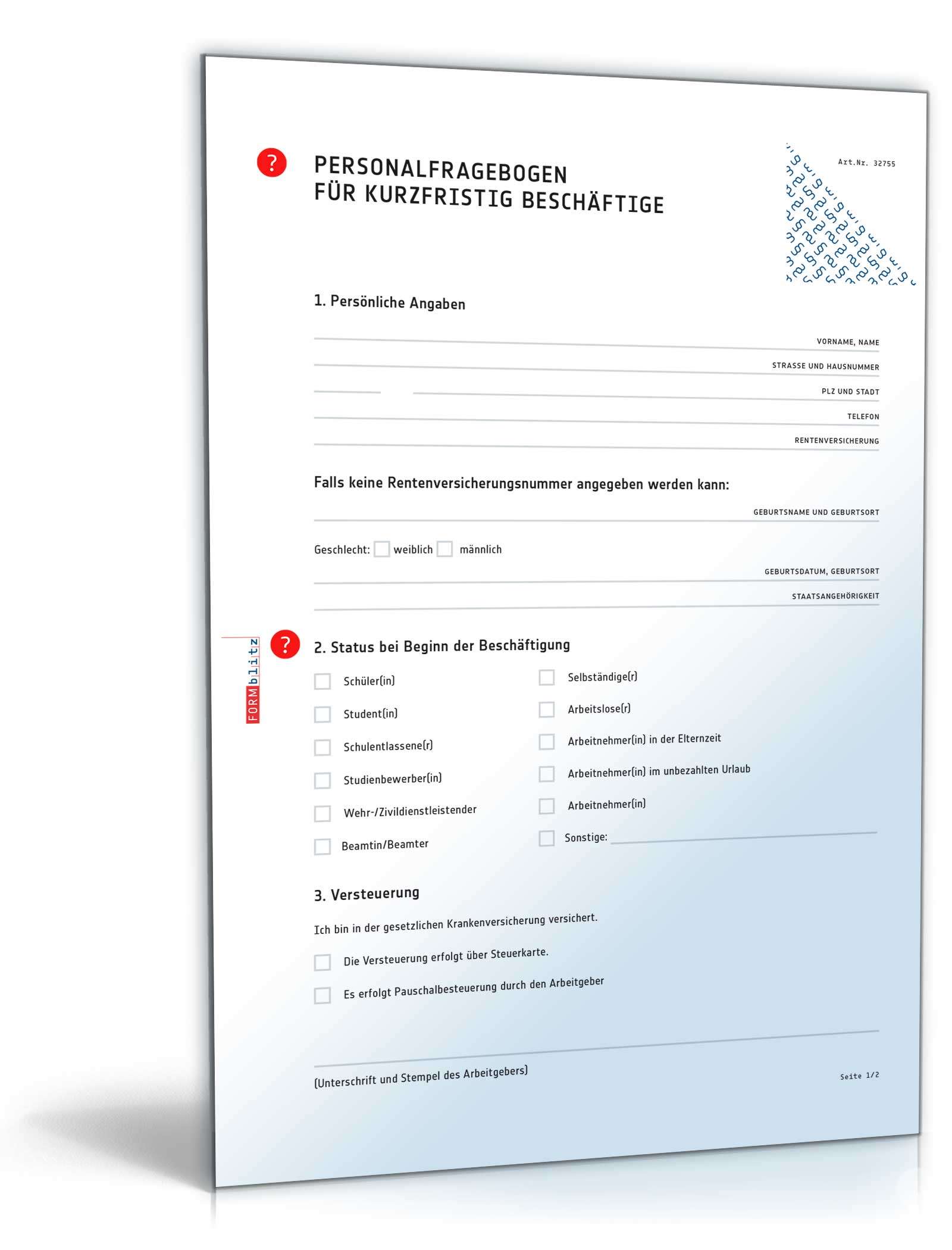 Personalfragebogen für kurzfristig Beschäftigte PDF