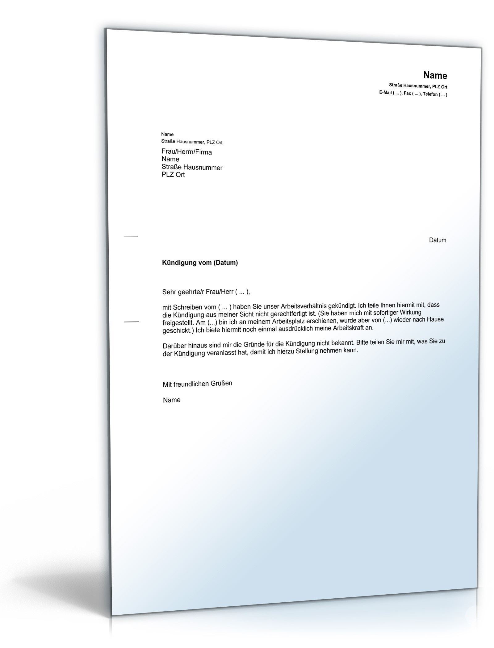 Angebot Arbeitskraft nach Kündigung PDF