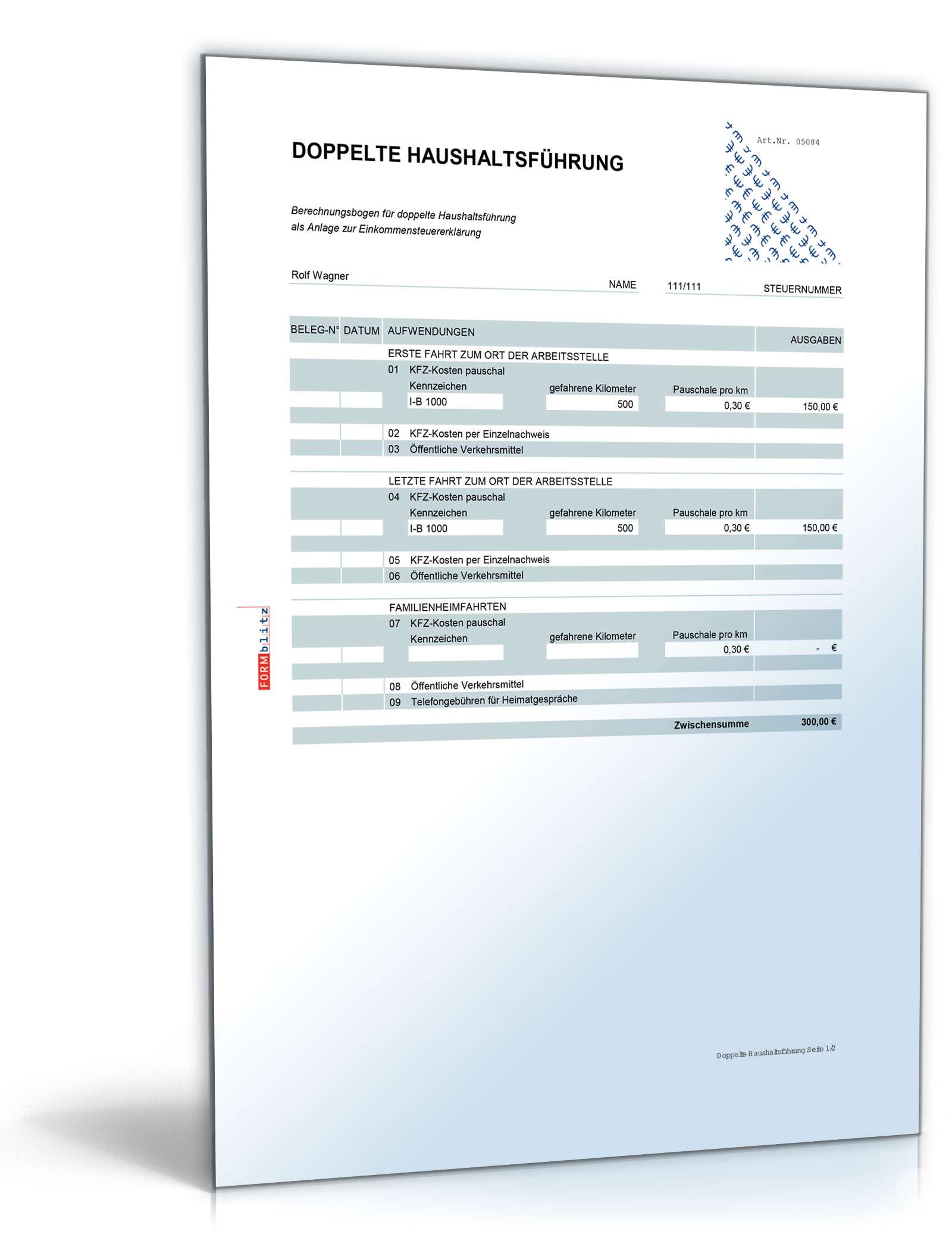 Rechentabelle Werbungskosten doppelte Haushaltsführung Excel