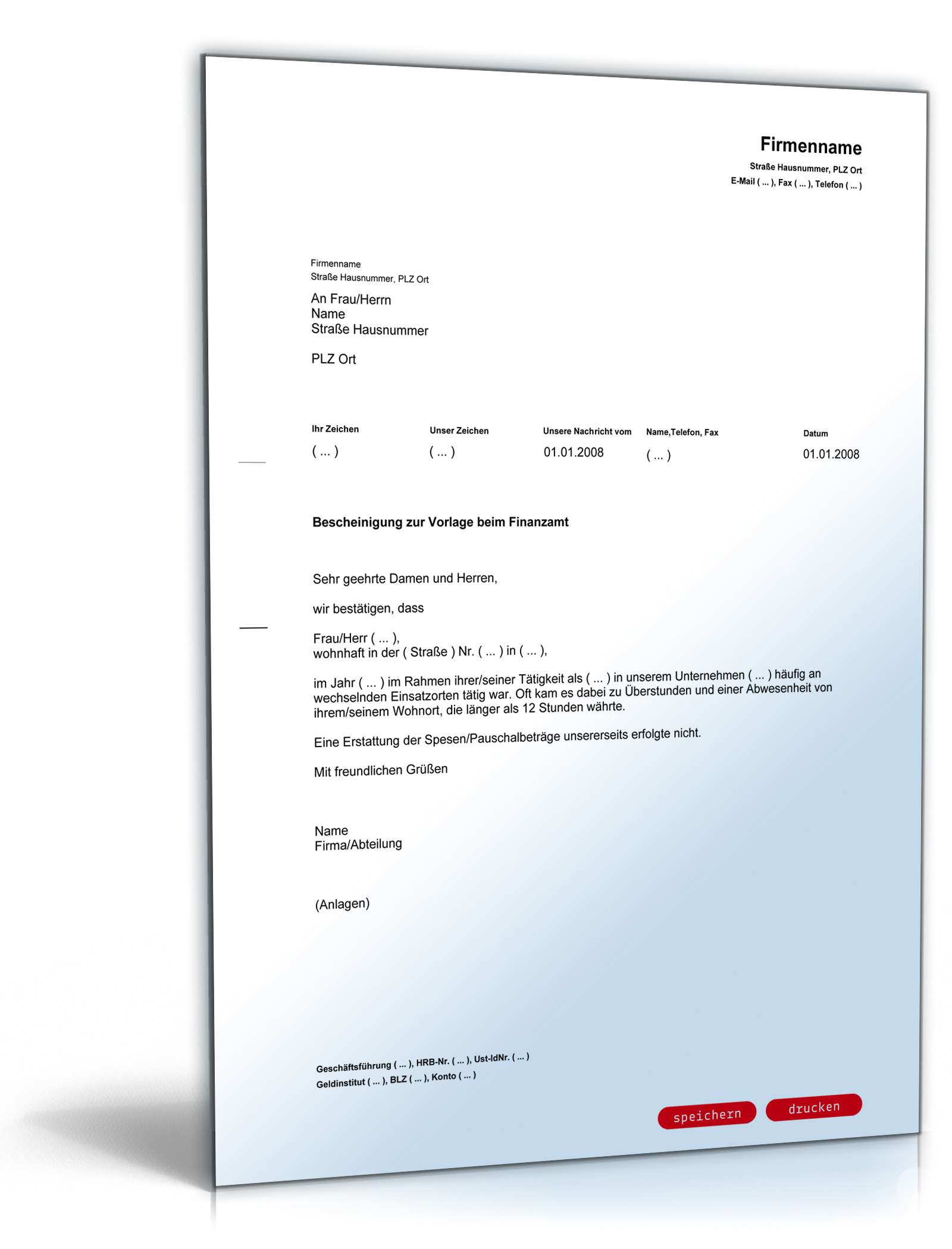 Arbeitgeberbescheinigung über häufige Abwesenheit vom Wohnort PDF