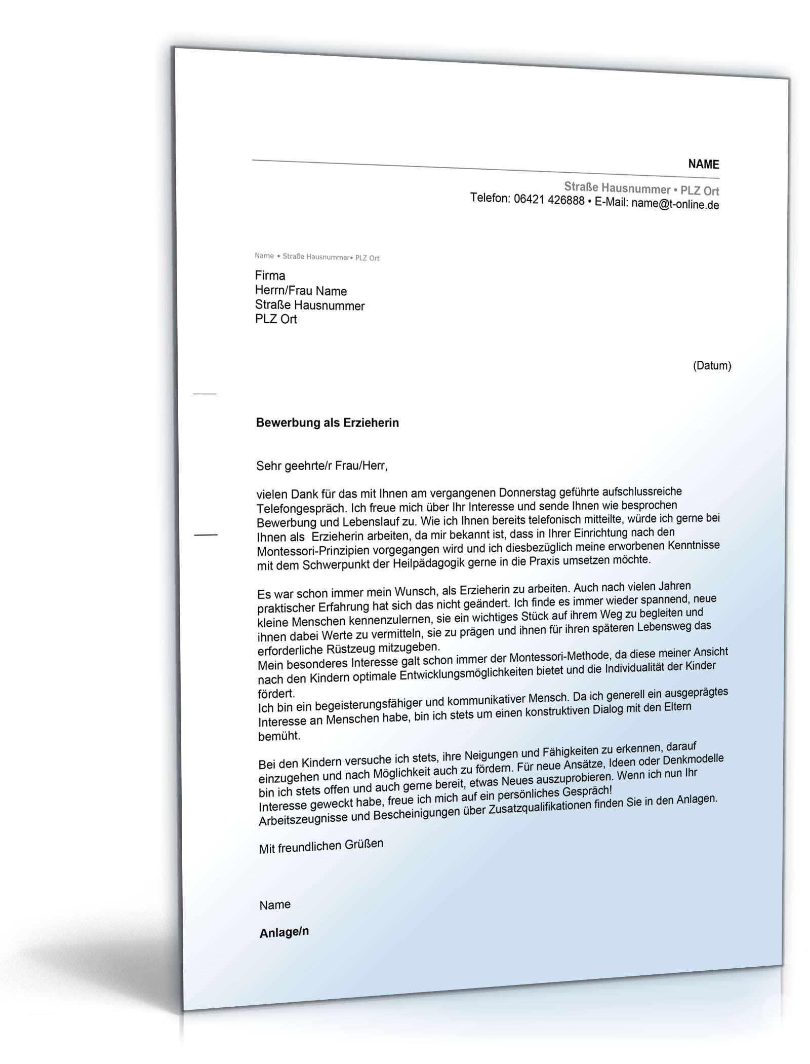 Anschreiben Bewerbung Erzieherin Excel