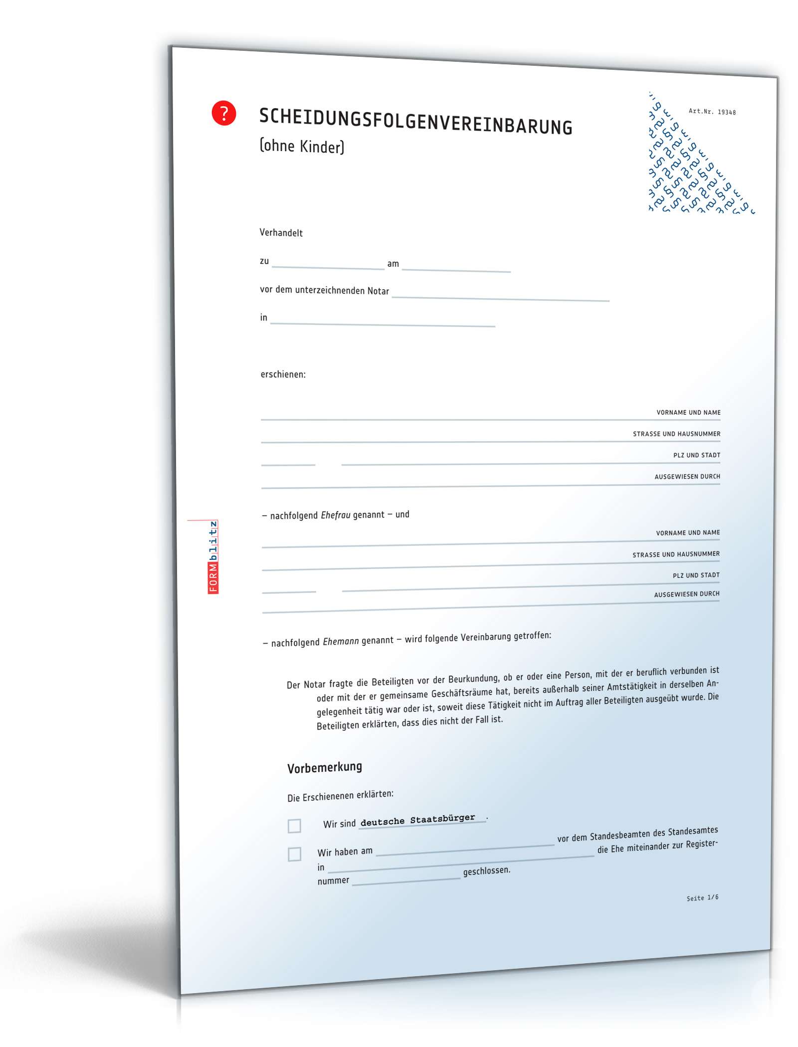 Scheidungsfolgenvereinbarung Eheleute ohne Kinder PDF