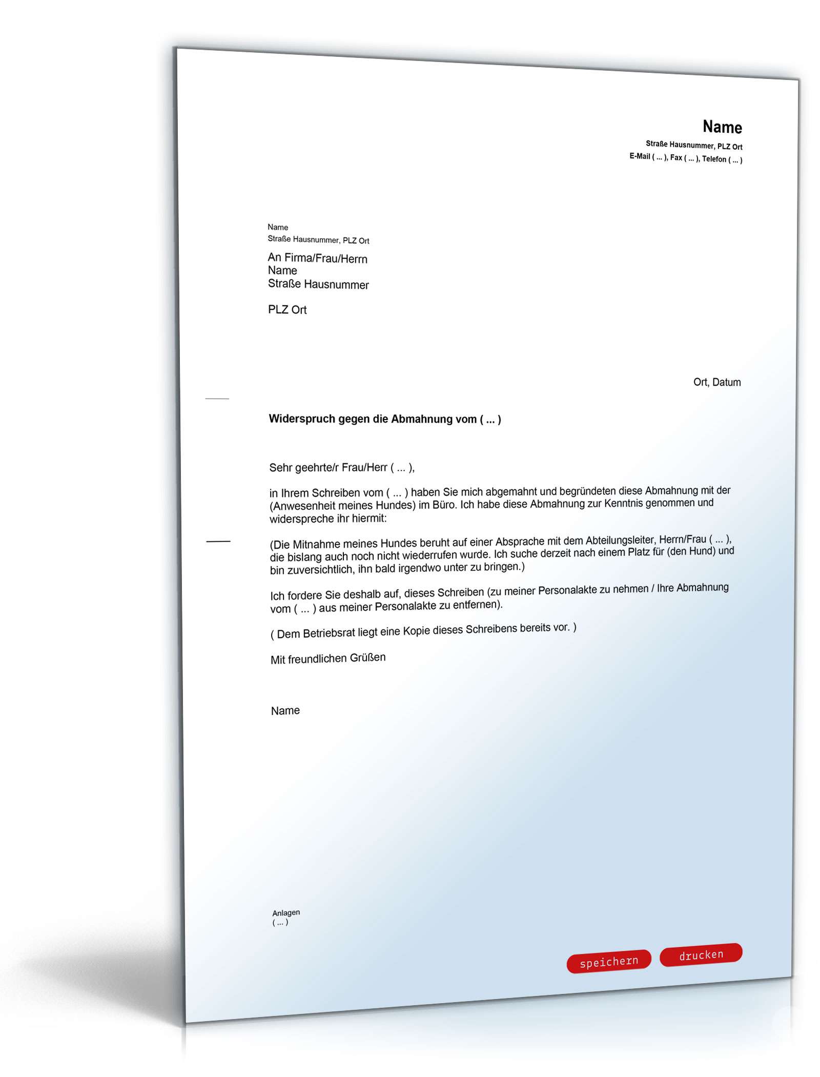 Gegendarstellung Abmahnung Tierhaltung am Arbeitsplatz PDF