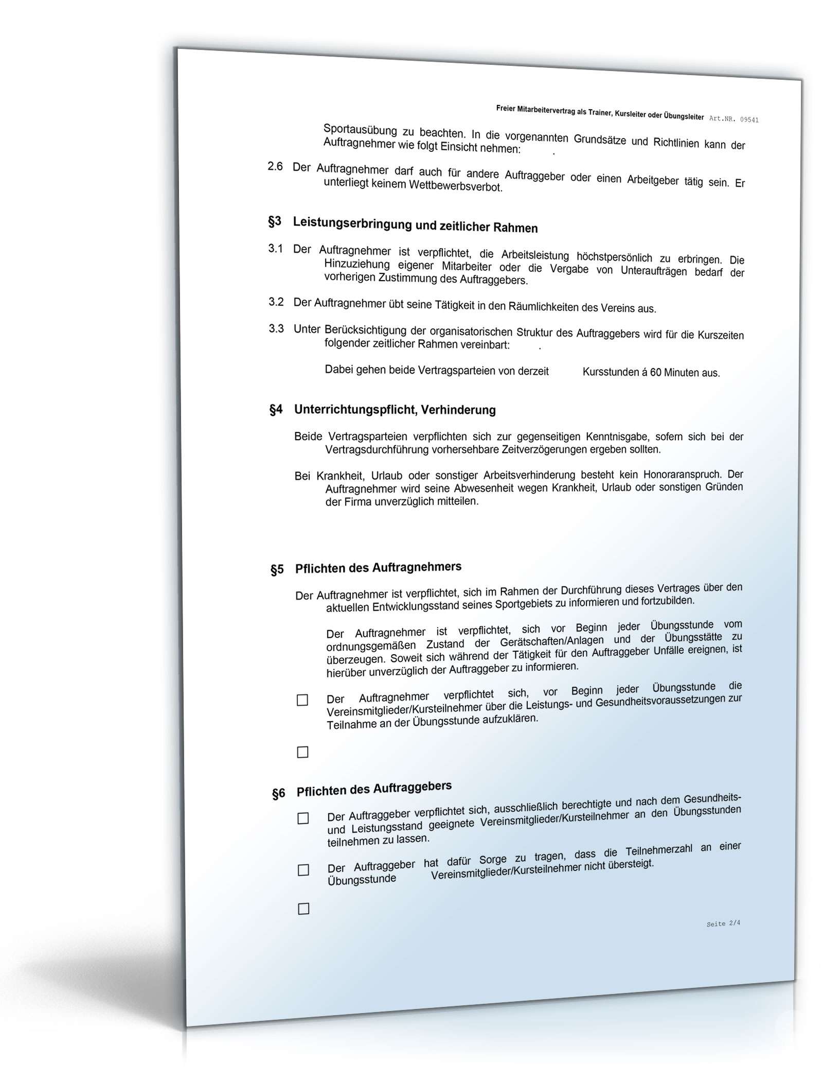 Honorarvertrag Trainer Kursleiter Word. Seite: 2