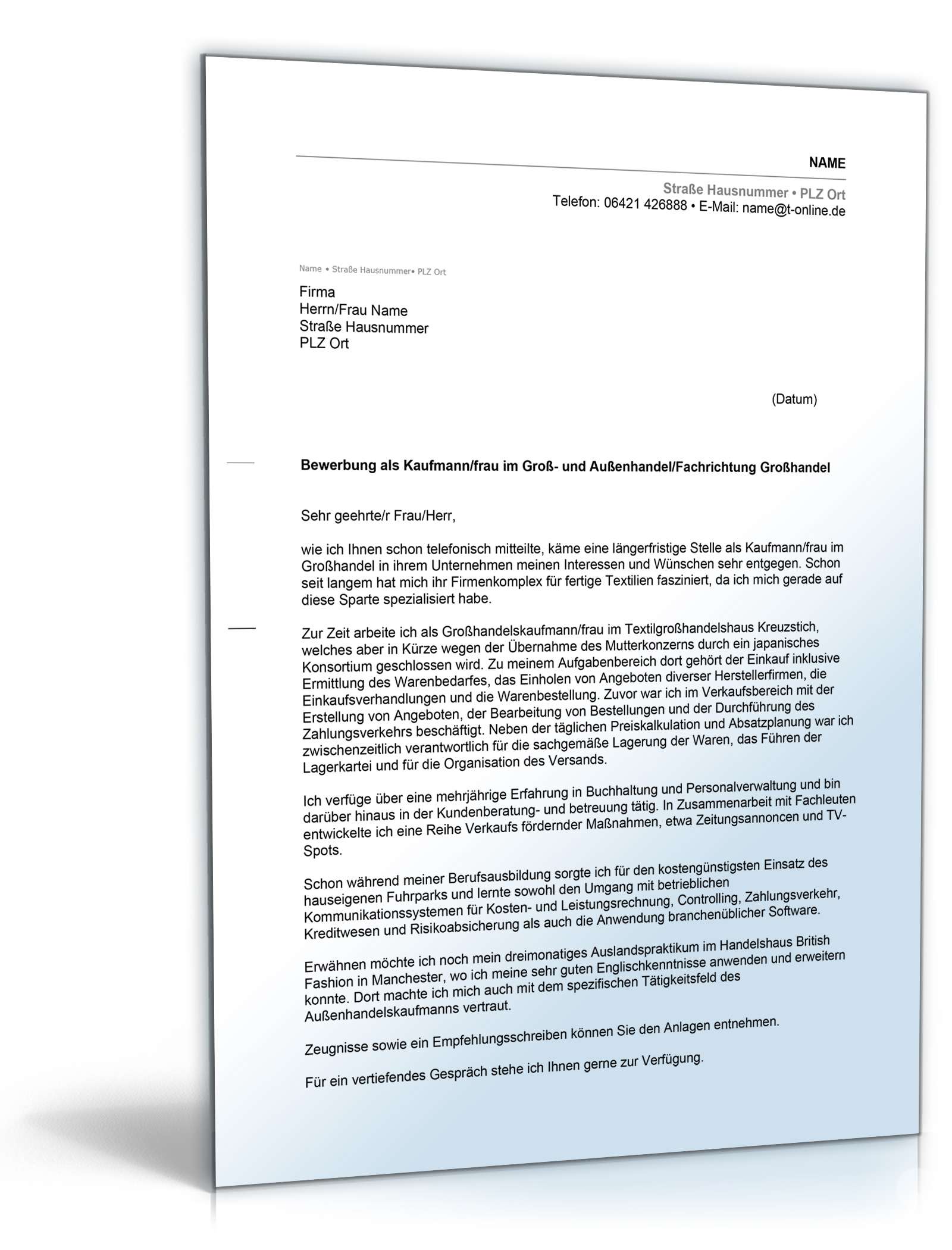 Anschreiben Bewerbung Groß- und Außenhandel Excel