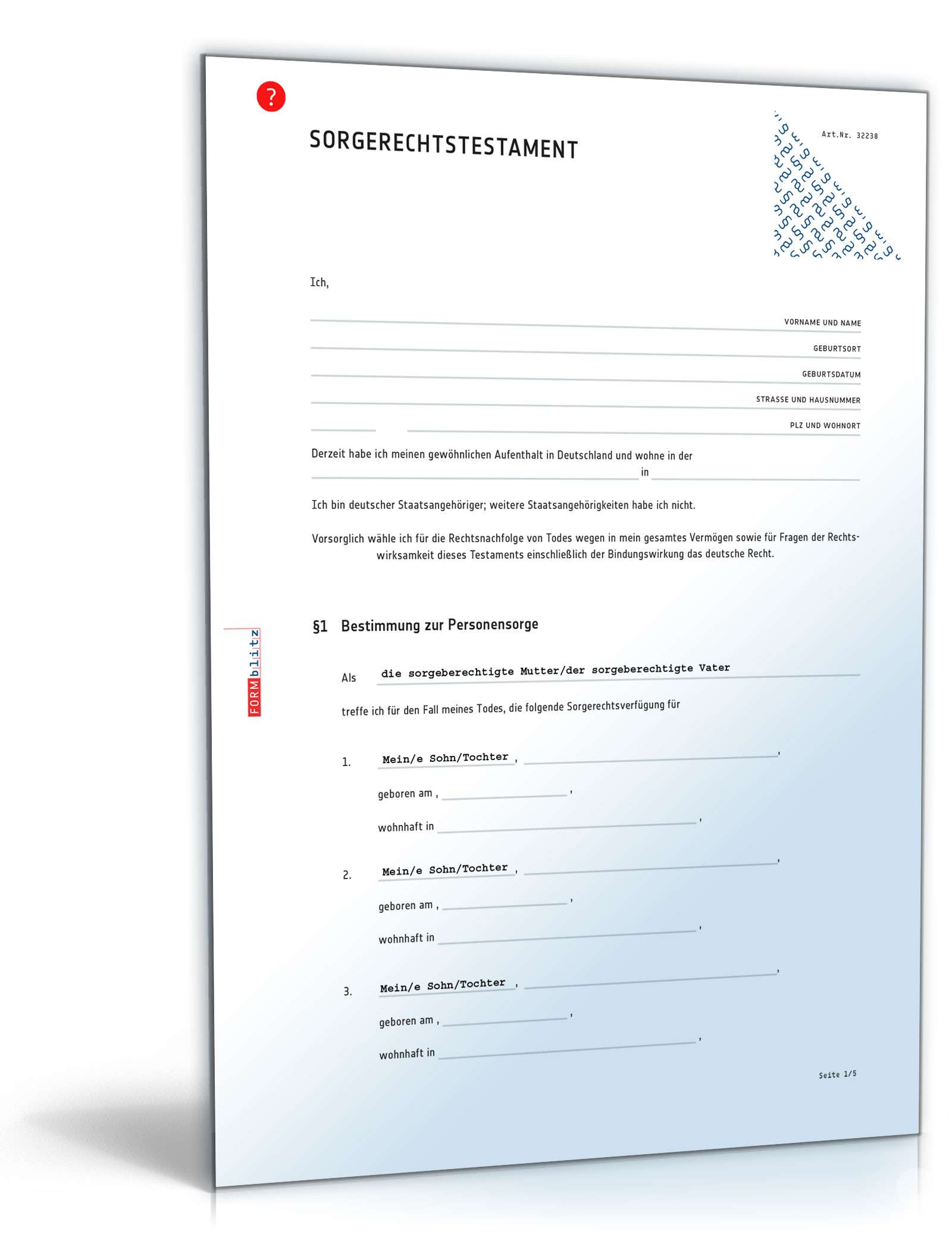 Sorgerechtstestament Alleinerziehende PDF