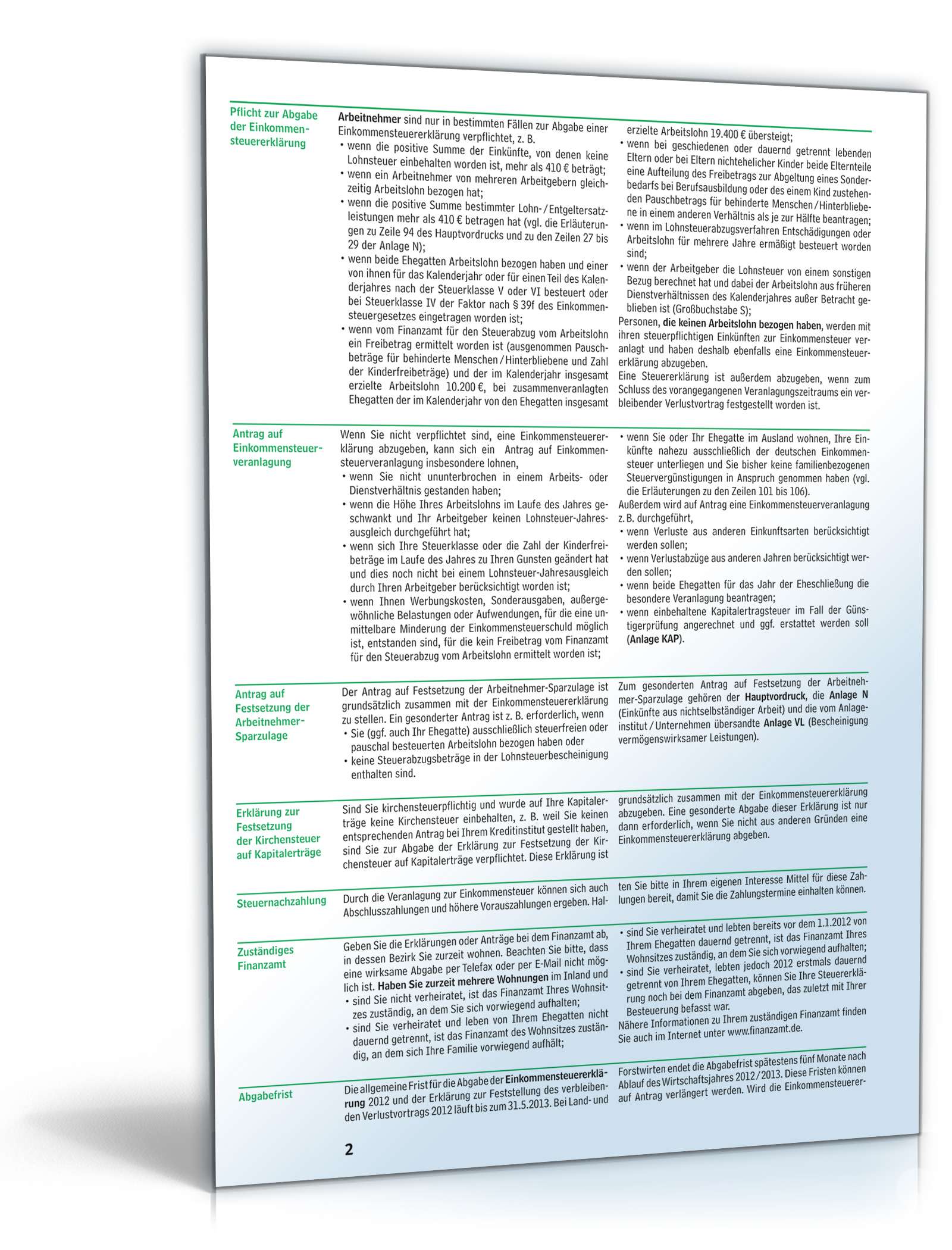 Anleitung zum ausfüllen der Einkommensteuererklärung 2012 PDF. Seite: 2