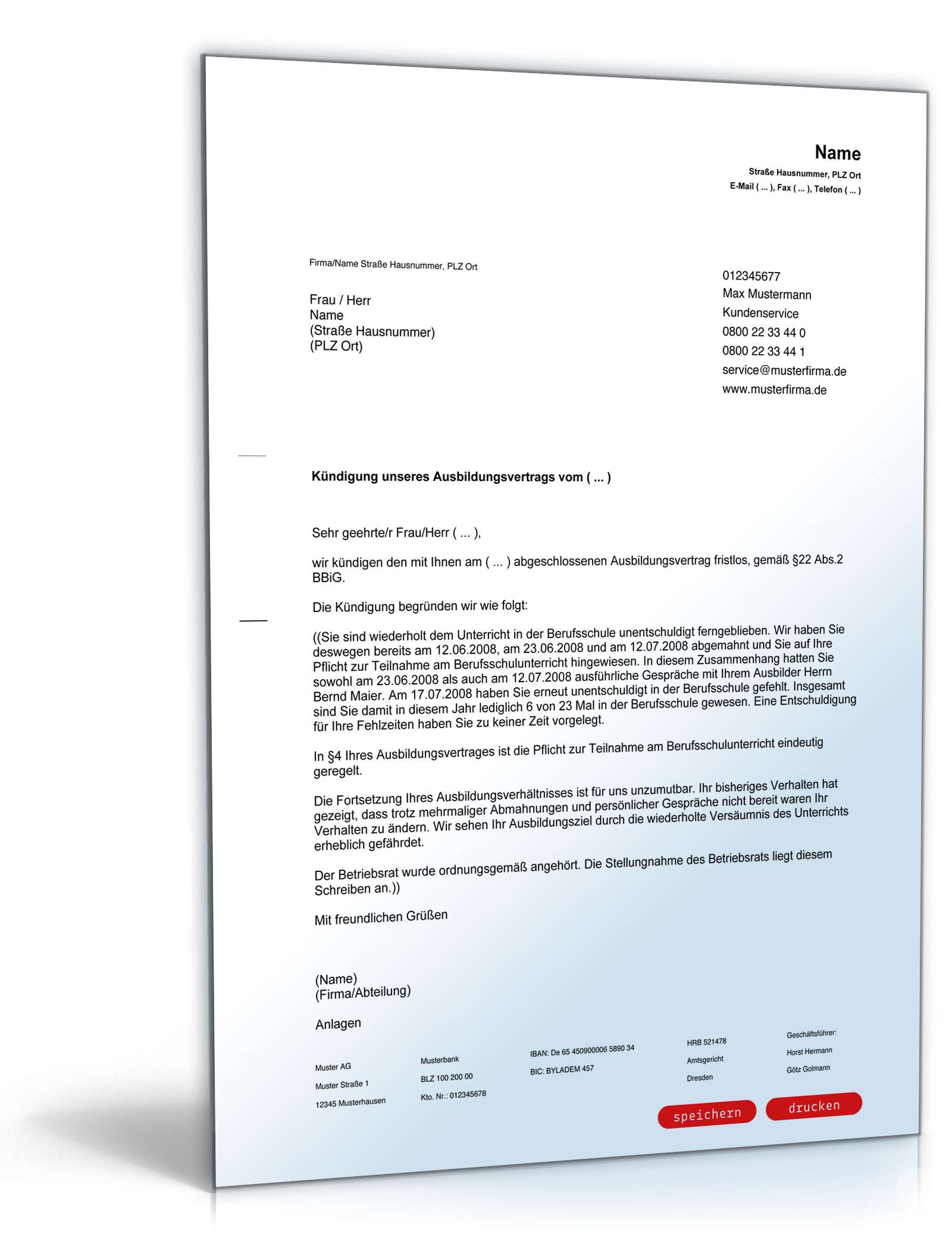Außerordentliche Kündigung Auszubildender durch Arbeitgeber PDF