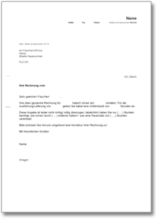 Zurückweisung einer Rechnung wegen überhöhter Fahrtkosten Word