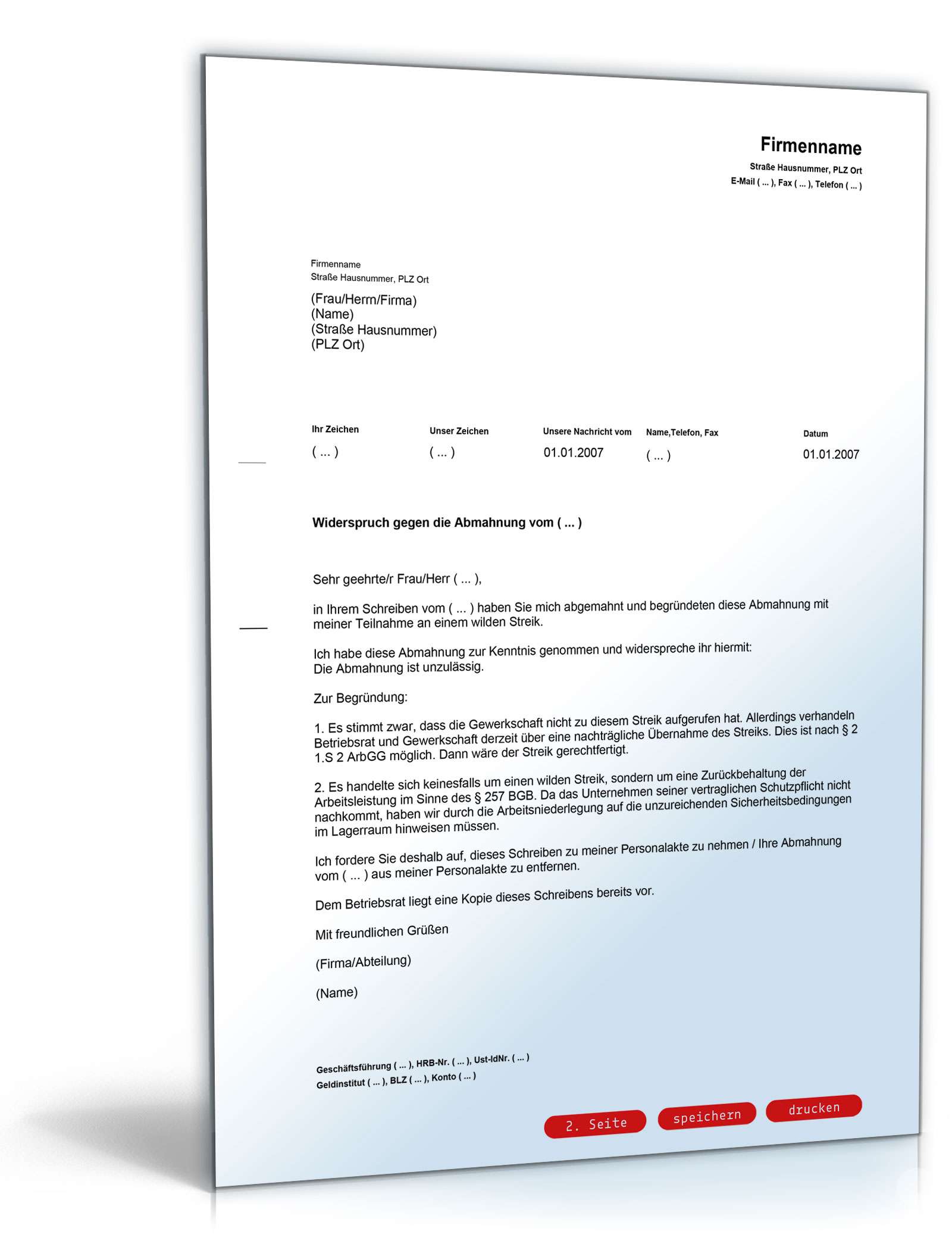 Gegendarstellung Abmahnung Streikbeteiligung PDF