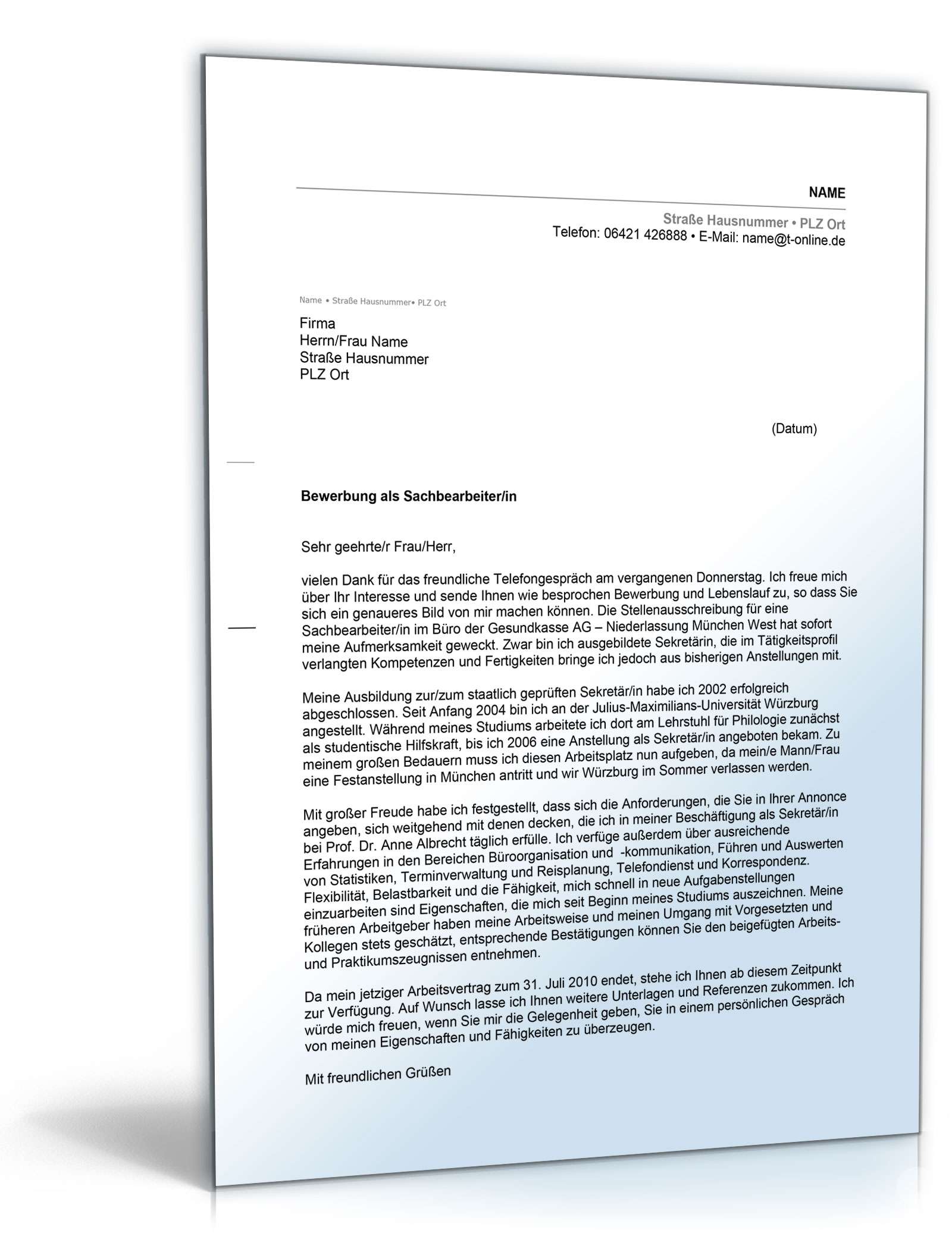 Anschreiben Bewerbung Sachbearbeiter Word