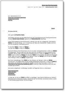Schreiben zur Geltendmachung von Kindesunterhalt Word
