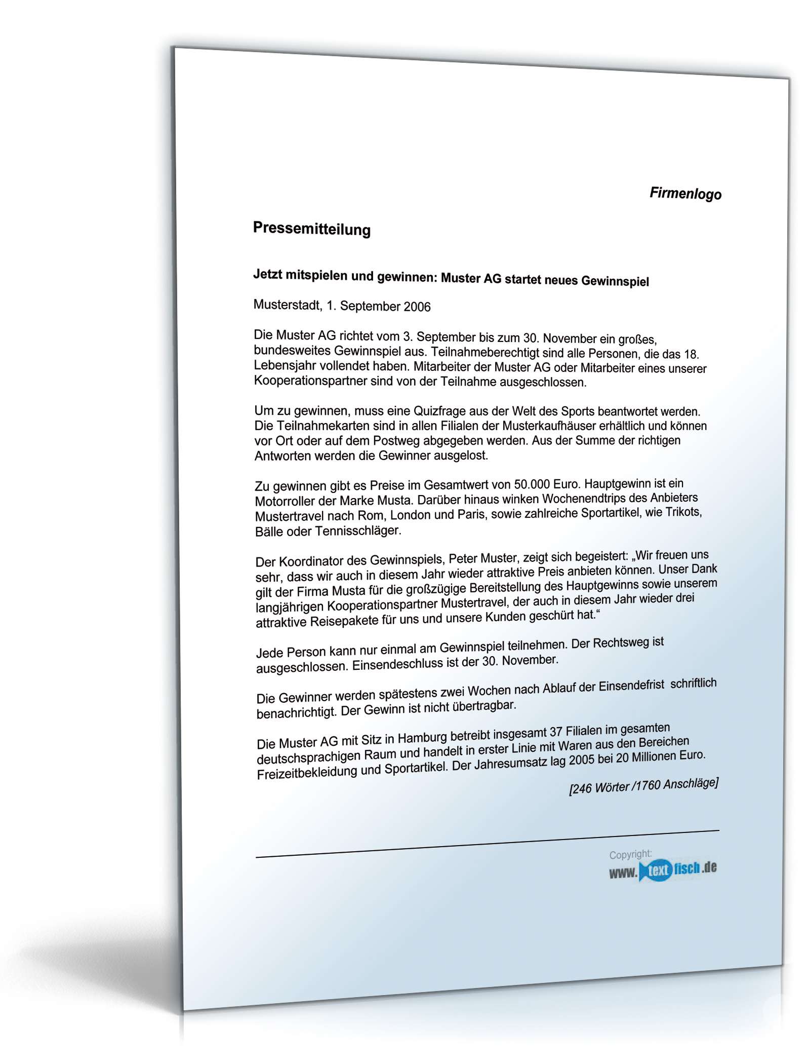 Pressemitteilung Unternehmen über Gewinnspiel