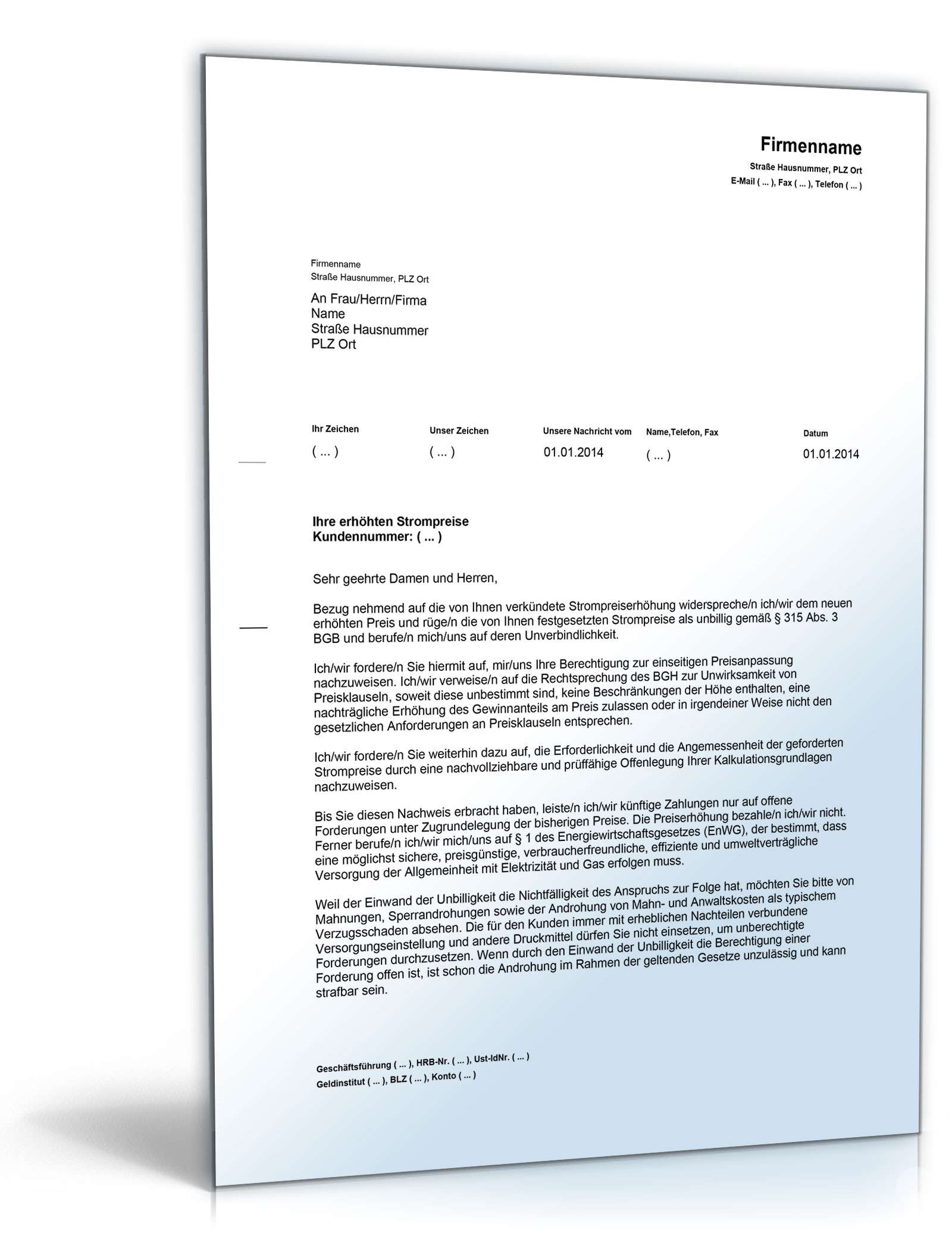 Widerspruch Strompreiserhöhung PDF