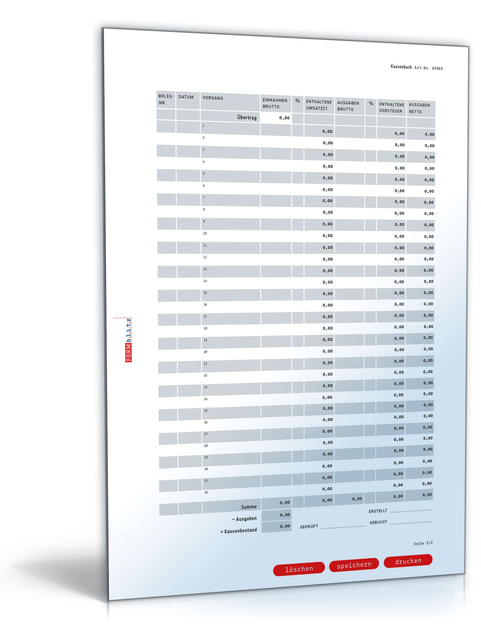 Kassenbuch im Hochformat PDF. Seite: 2