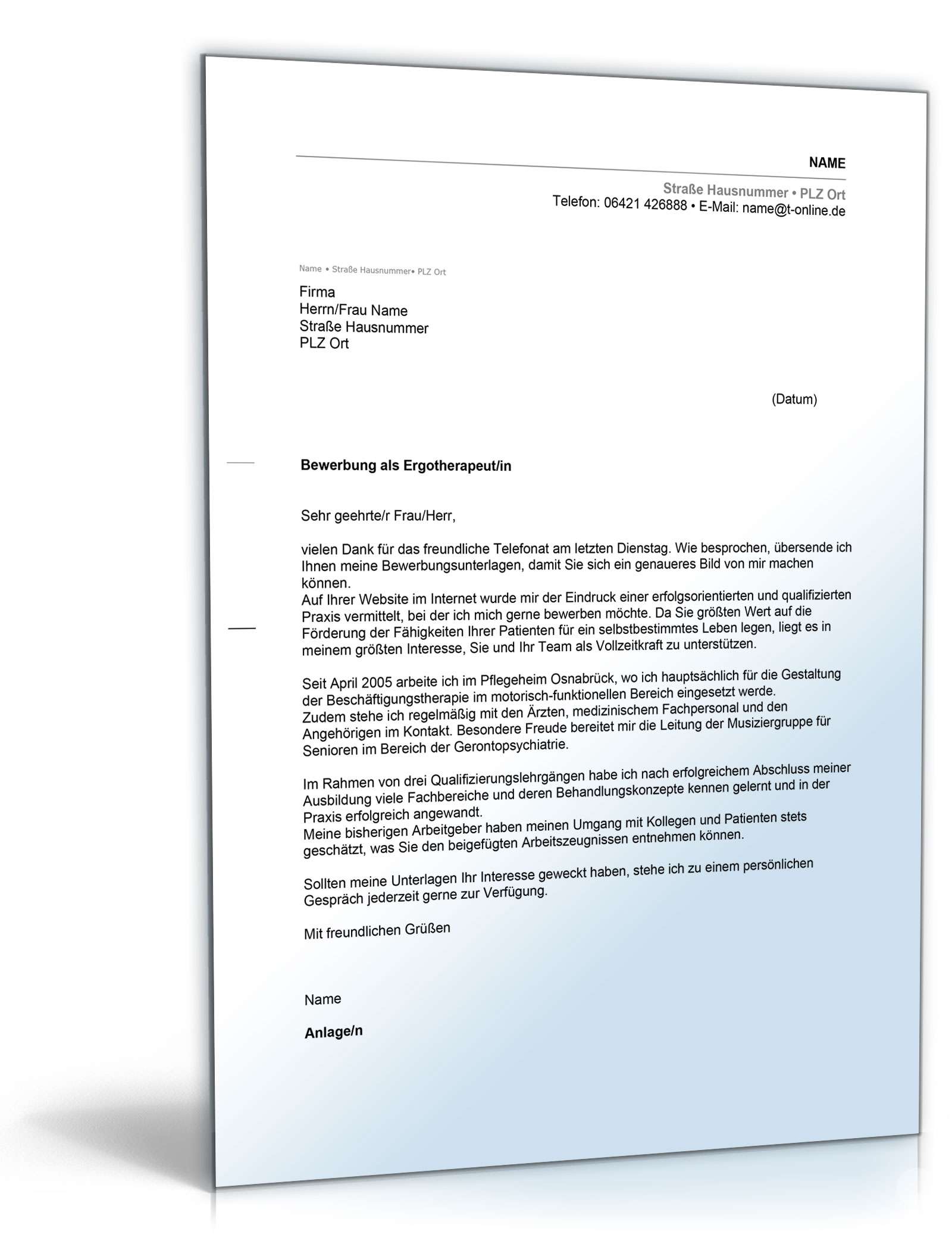 Anschreiben Bewerbung Ergotherapeut Excel