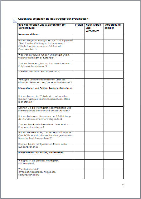 Checkliste Erstgespräch mit Geschäftskunden Word