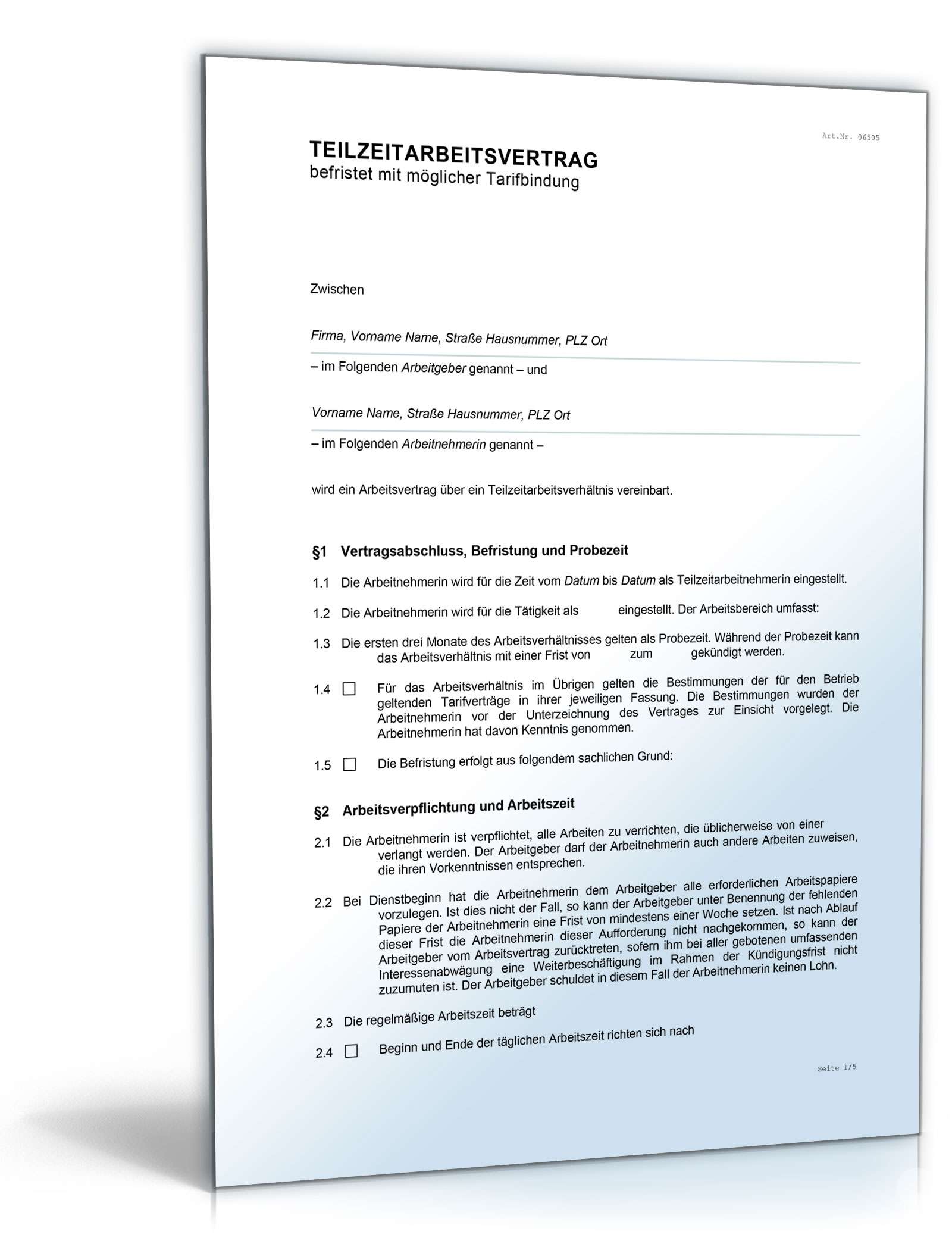 Befristeter Teilzeitarbeitsvertrag mit möglicher Tarifbindung Word