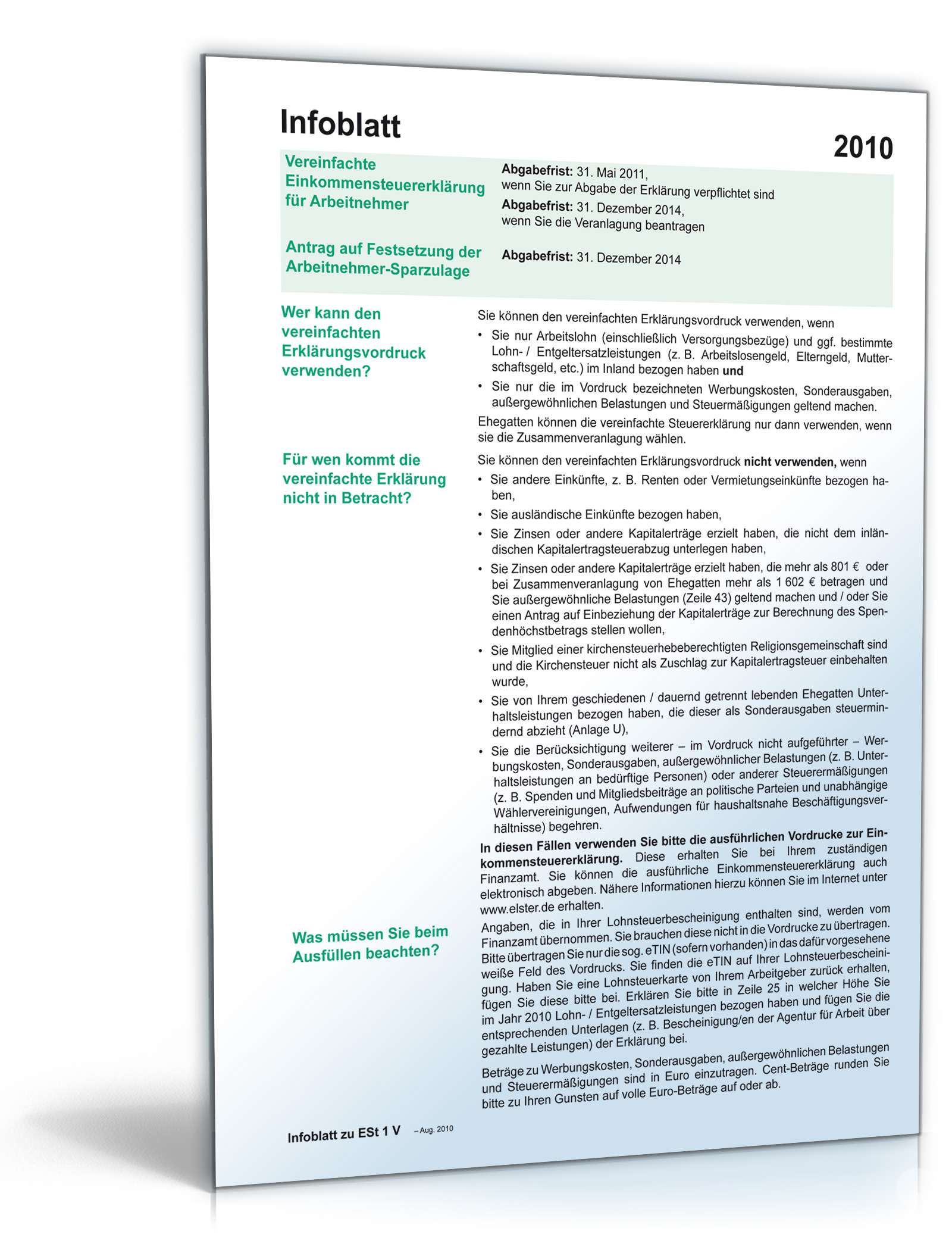 Anleitung vereinfachte Einkommensteuererklärung 2010 PDF