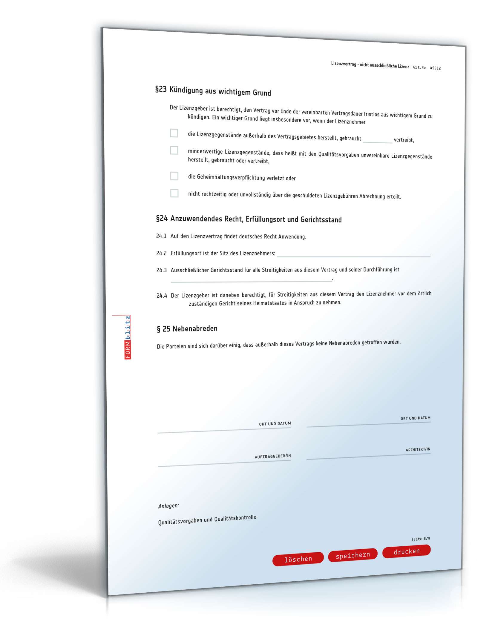 Lizenzvertrag nicht ausschließliche Lizenz PDF. Seite: 8