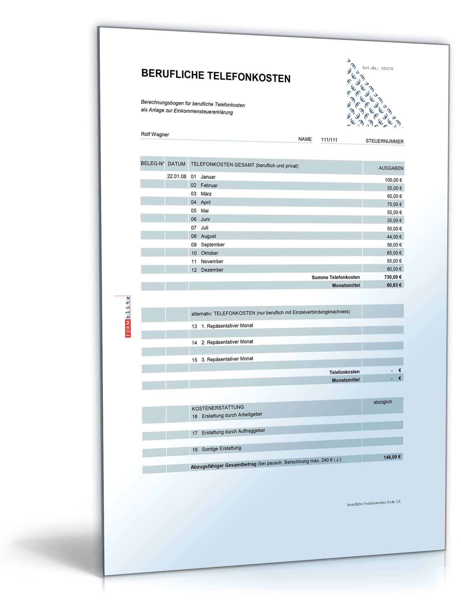 Rechentabelle Werbungskosten berufliche Telefonkosten Excel