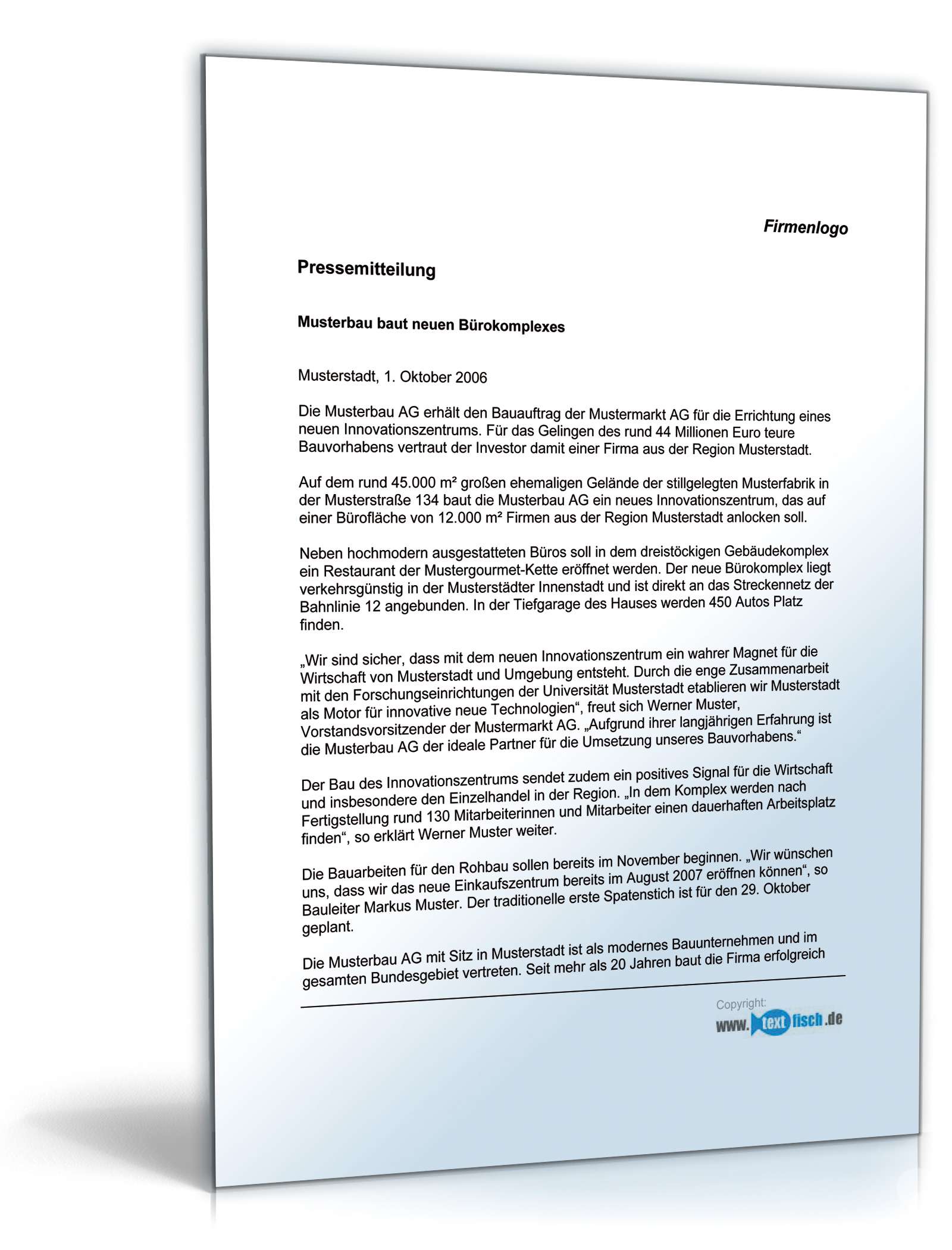 Pressemitteilung Bauherr über Bau eines Bürogebäudes