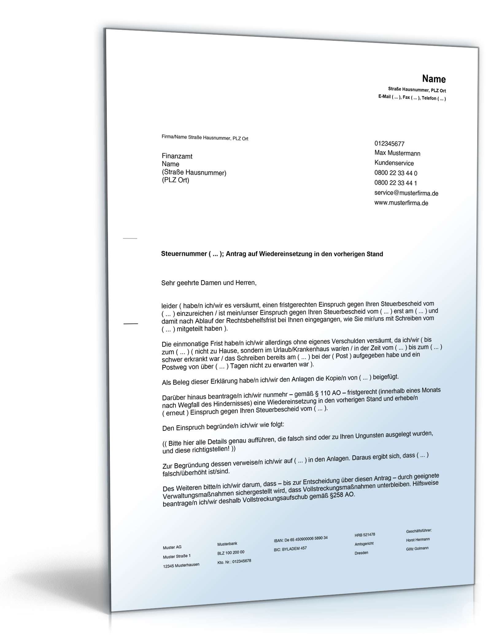 Einspruch gegen Steuerbescheid und Antrag auf Wiedereinsetzung PDF