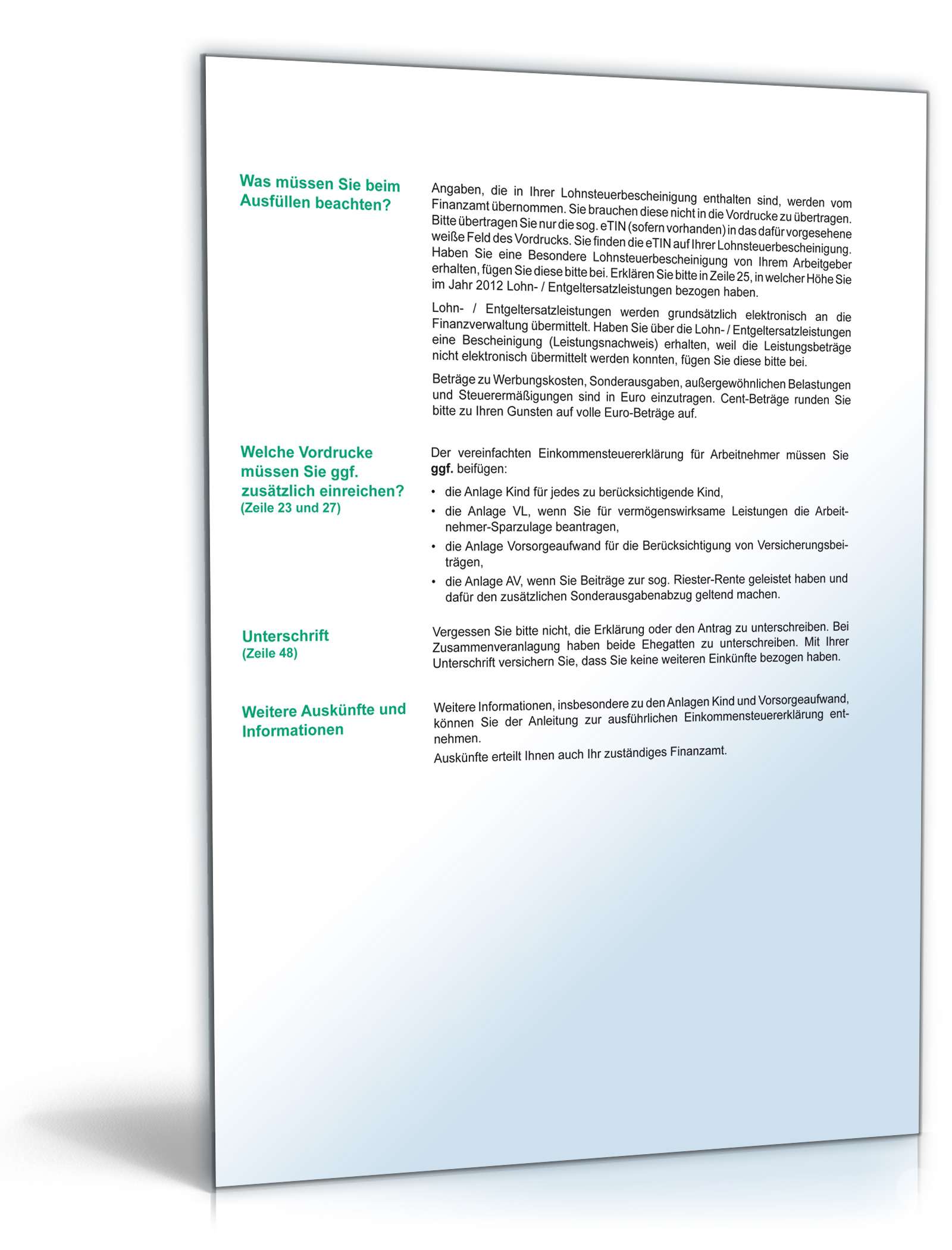 Vereinfachte Einkommensteuererklärung - Mantelbogen 2012 PDF. Seite: 4