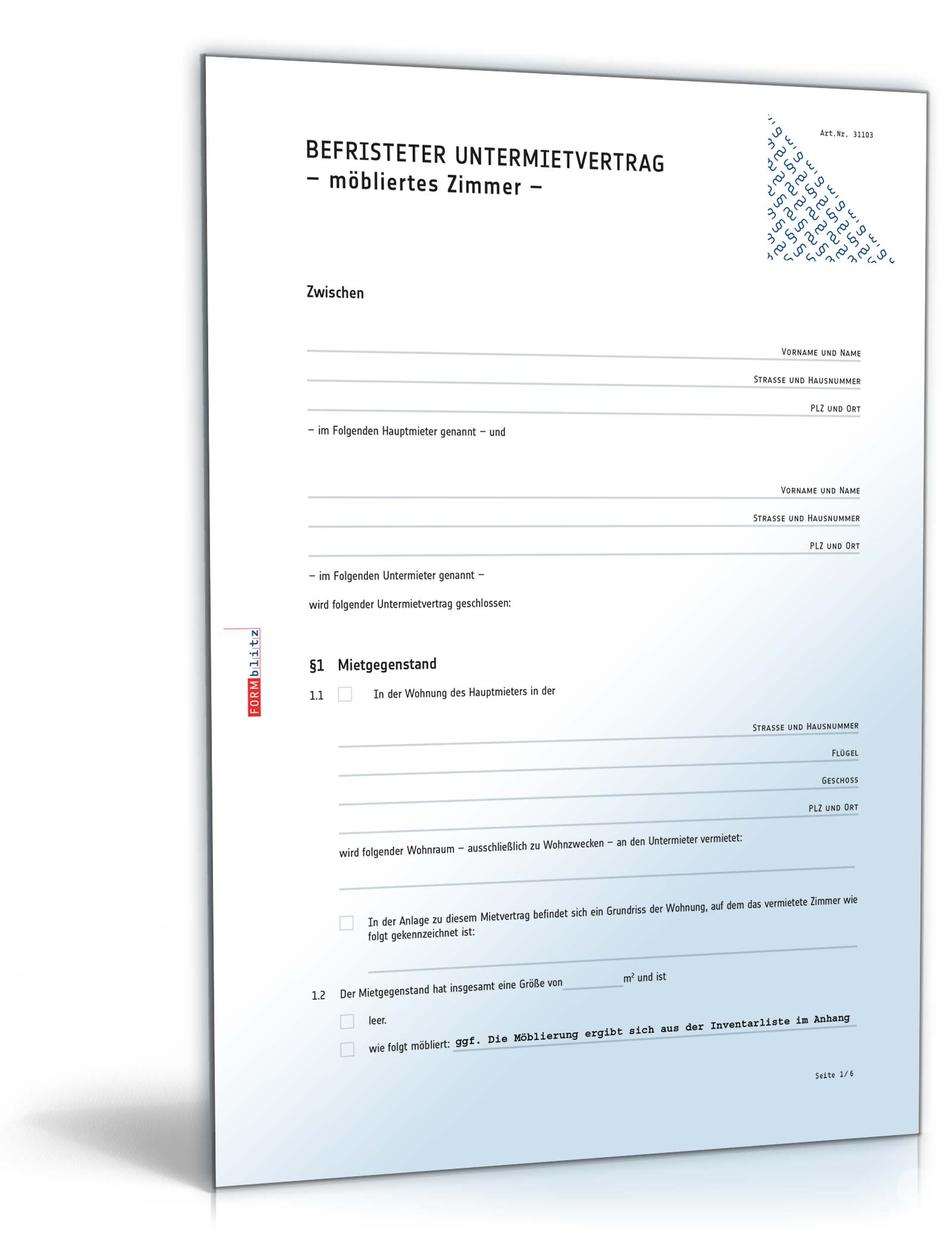 Befristeter Untermietvertrag möbliertes Zimmer PDF