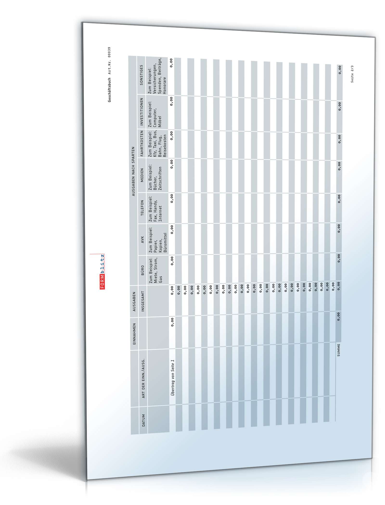 Geschäftsbuch mit definierten Spalten PDF. Seite: 2