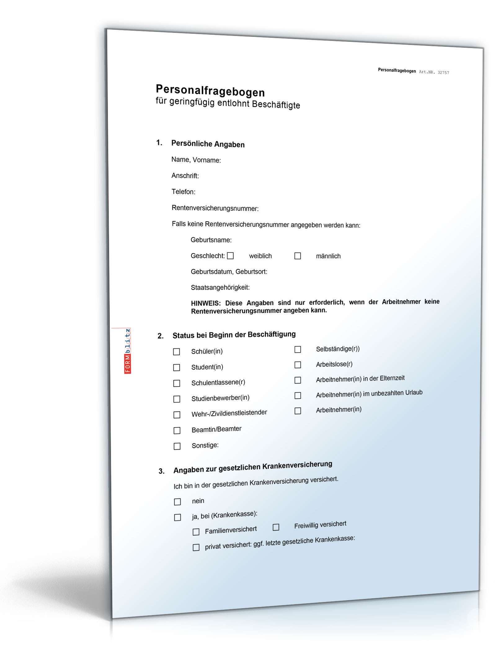 Personalfragebogen Minijob 2024 Word
