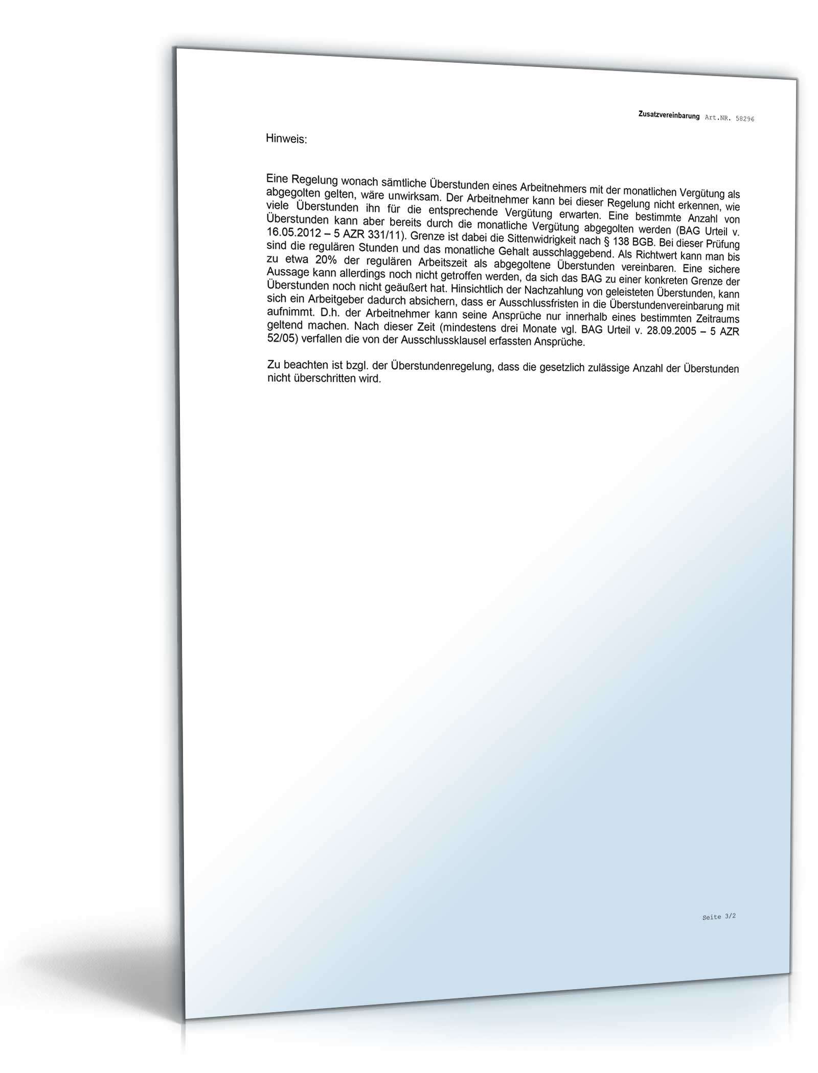 Zusatzvereinbarung Überstunden Word. Seite: 4