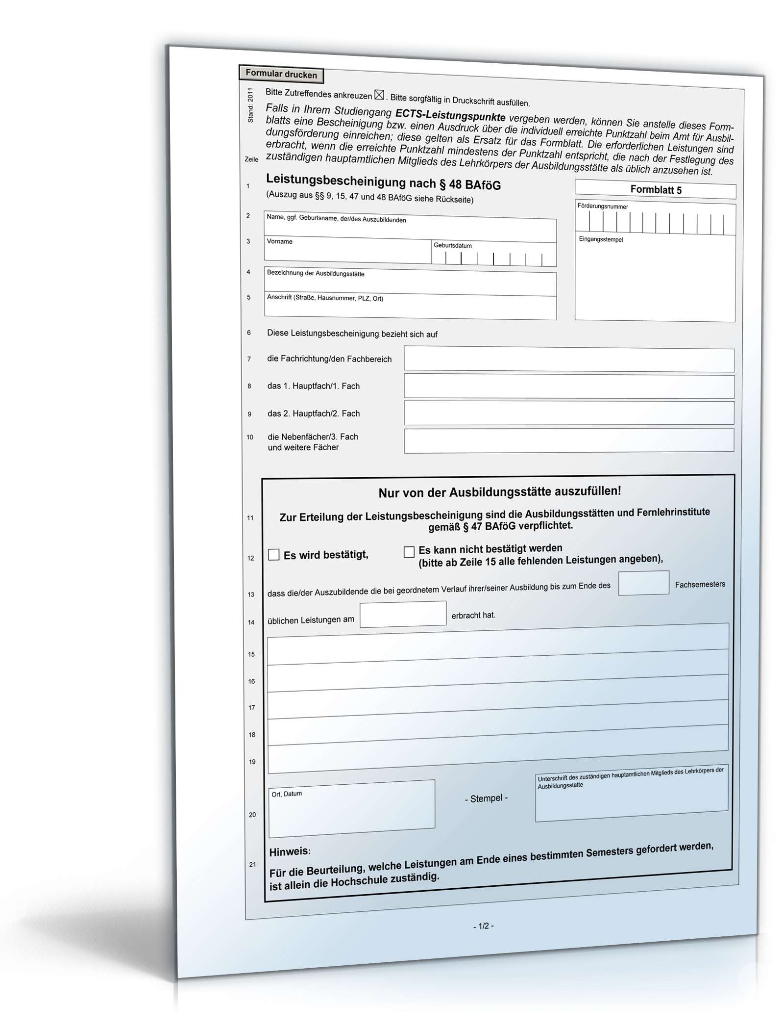 Leistungsbescheinigung zum Antrag auf Ausbildungsförderung PDF