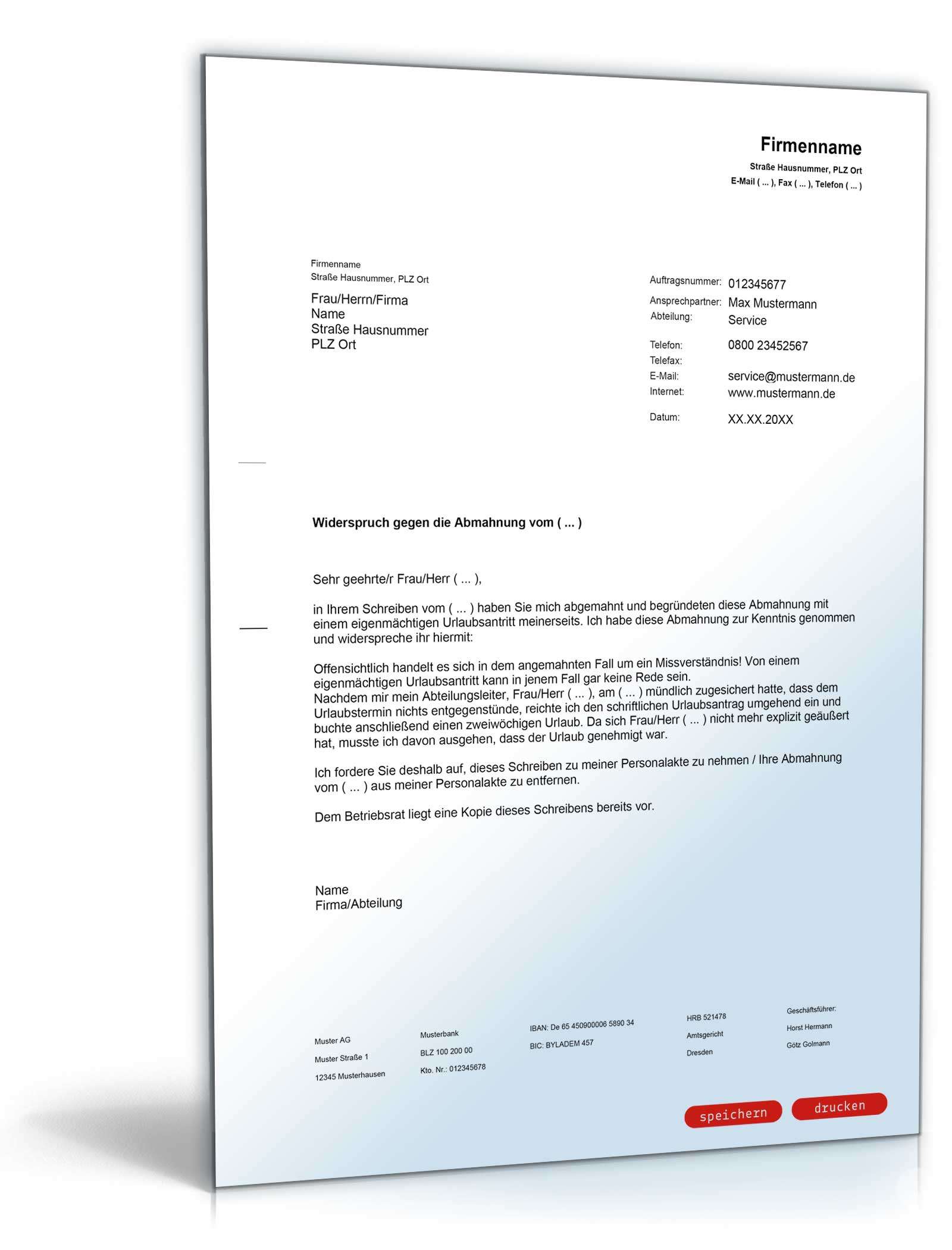 Gegendarstellung Abmahnung eigenmächtiger Urlaubsantritt PDF