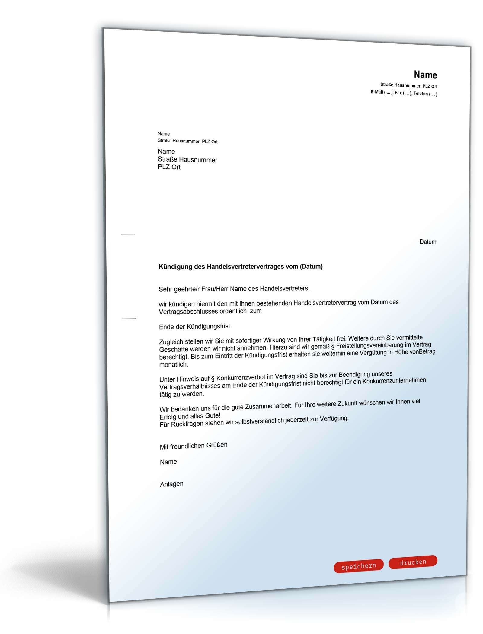 Fristgemäße Kündigung Handelsvertreter Word