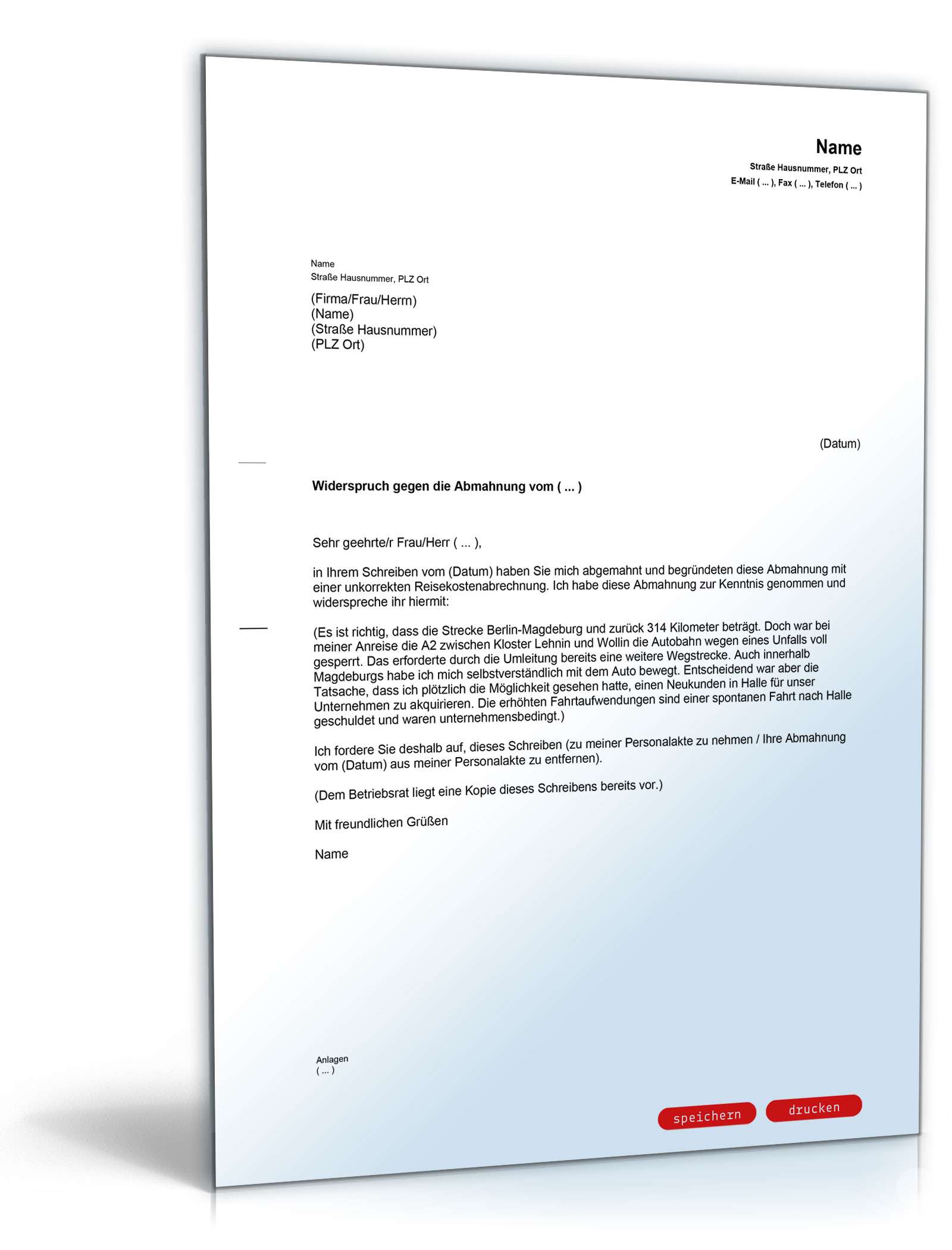 Gegendarstellung Abmahnung falsche Reisekostenabrechnung PDF