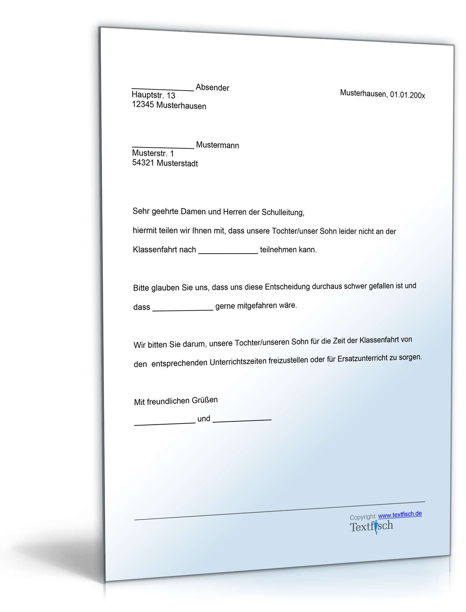 Befreiung Teilnahme Klassenfahrt Word