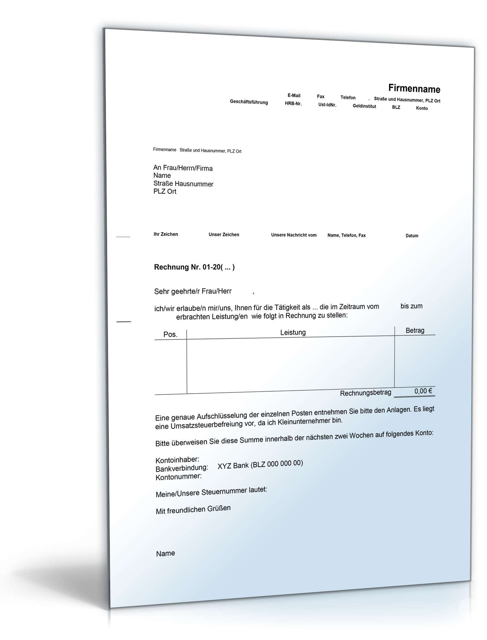 Rechnung selbstständige Tätigkeit Kleinunternehmer Excel