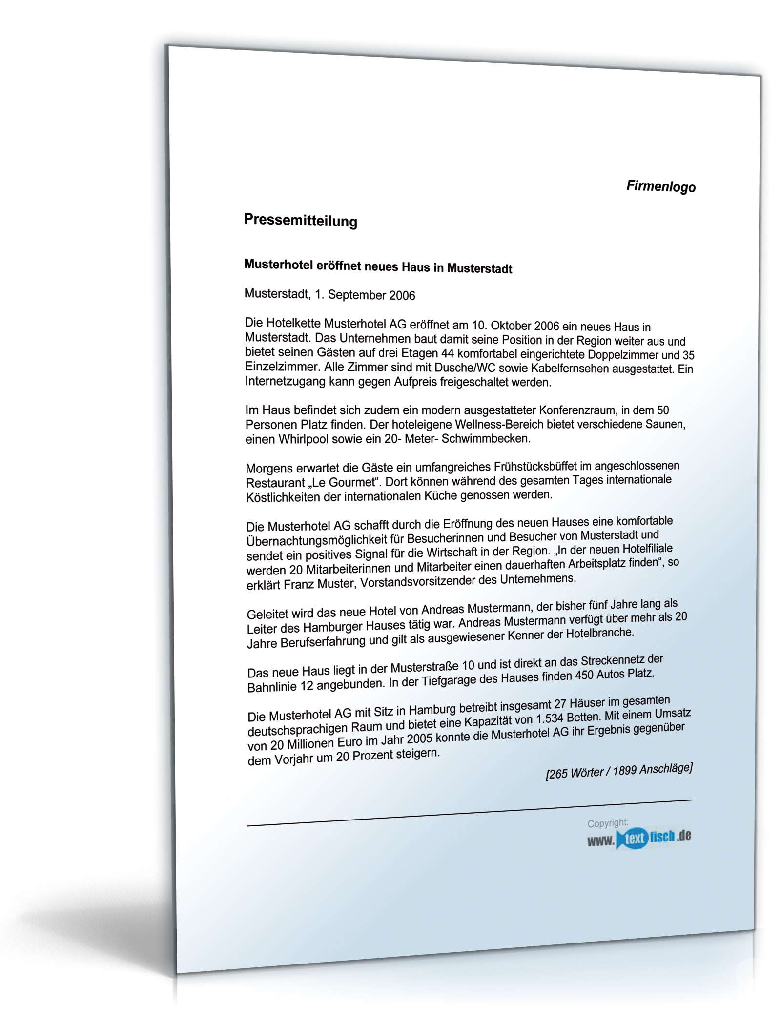 Pressemitteilung über die Eröffnung einer Hotel-Filiale