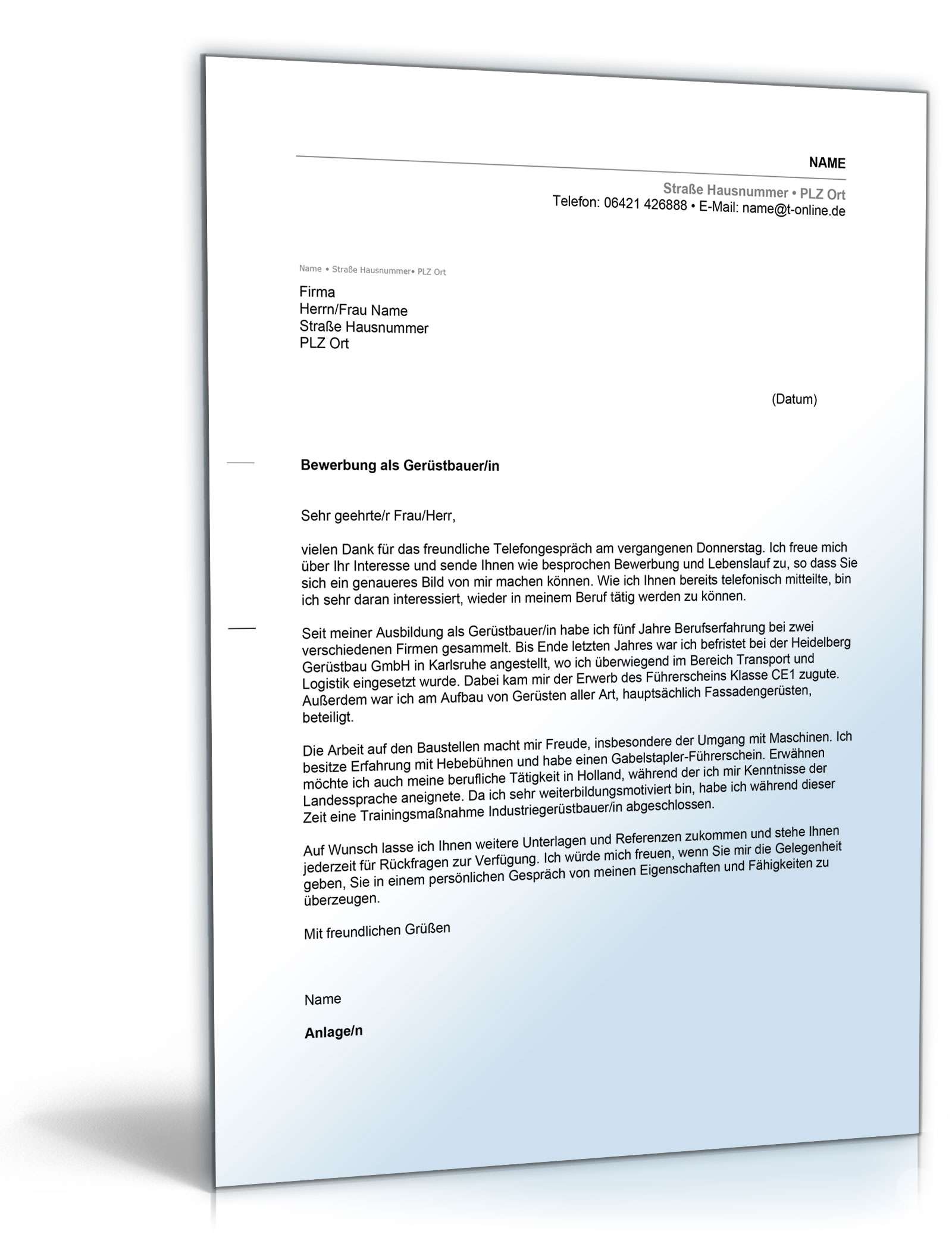 Anschreiben Bewerbung Gerüstbauer Excel