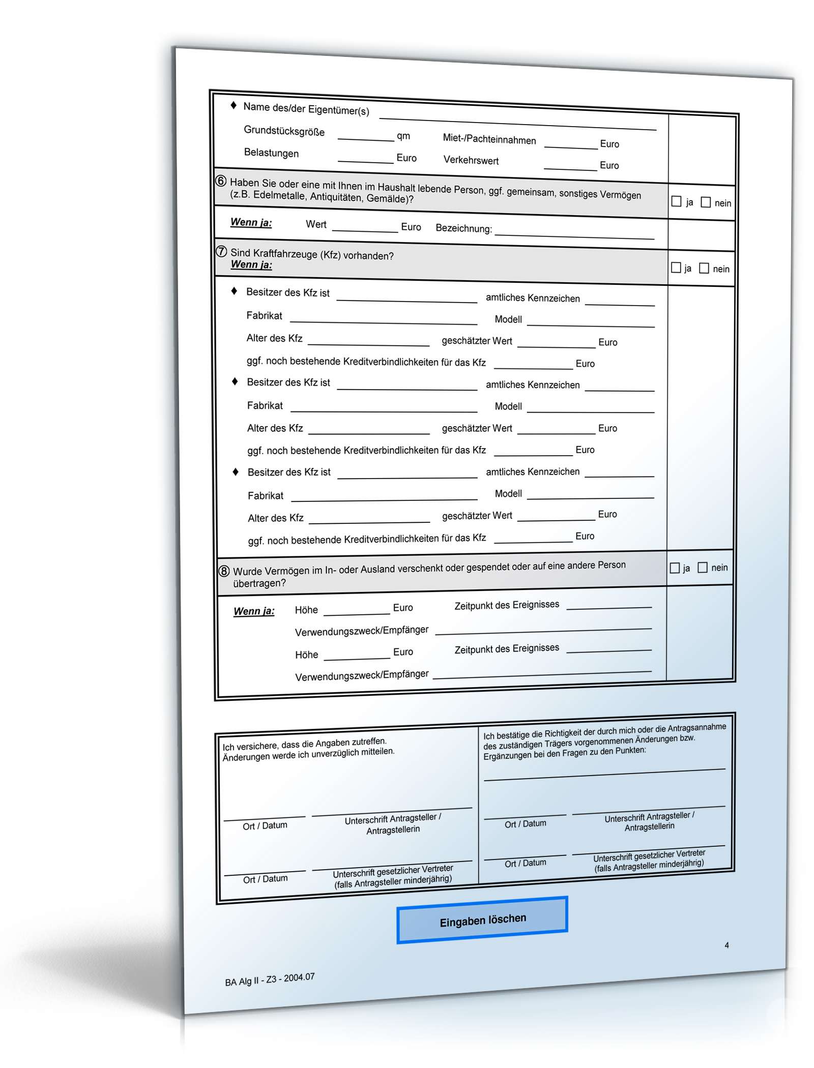 Angaben zur Feststellung der Vermögensverhältnisse für Antrag auf Bürgergeld PDF. Seite: 3