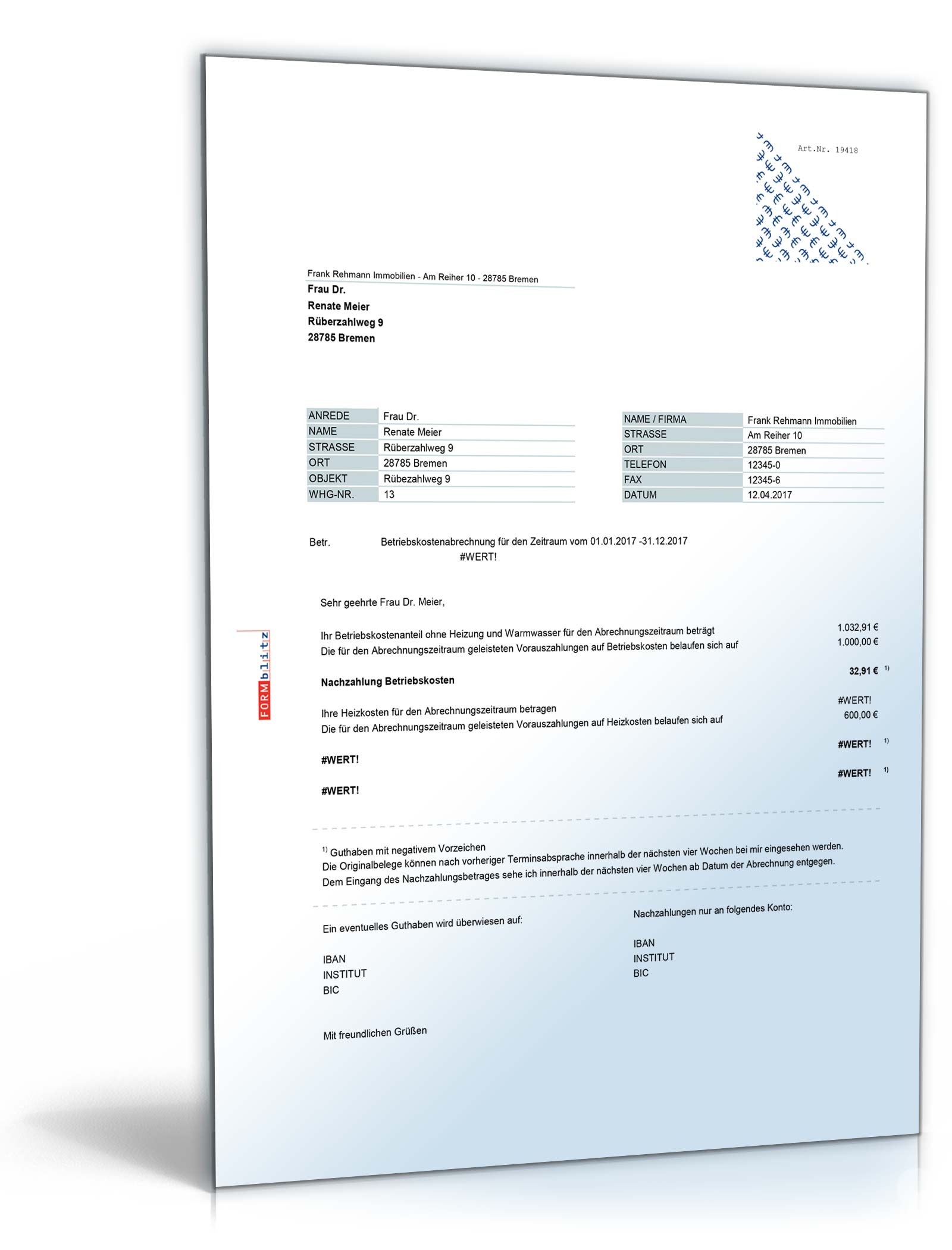 Betriebs- und Heizkostenabrechnung Excel. Seite: 4