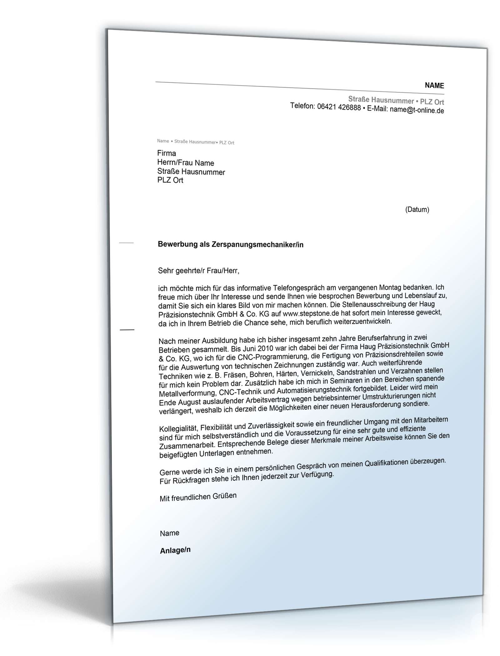 Anschreiben Bewerbung Zerspanungsmechaniker Word