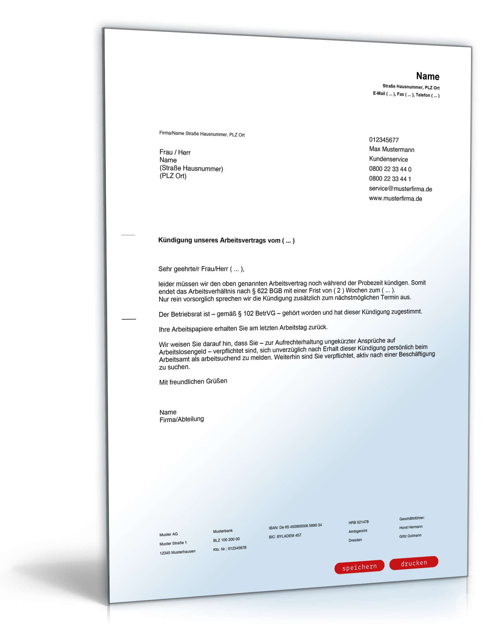 Fristgemäße Kündigung Arbeitsvertrag in der Probezeit PDF